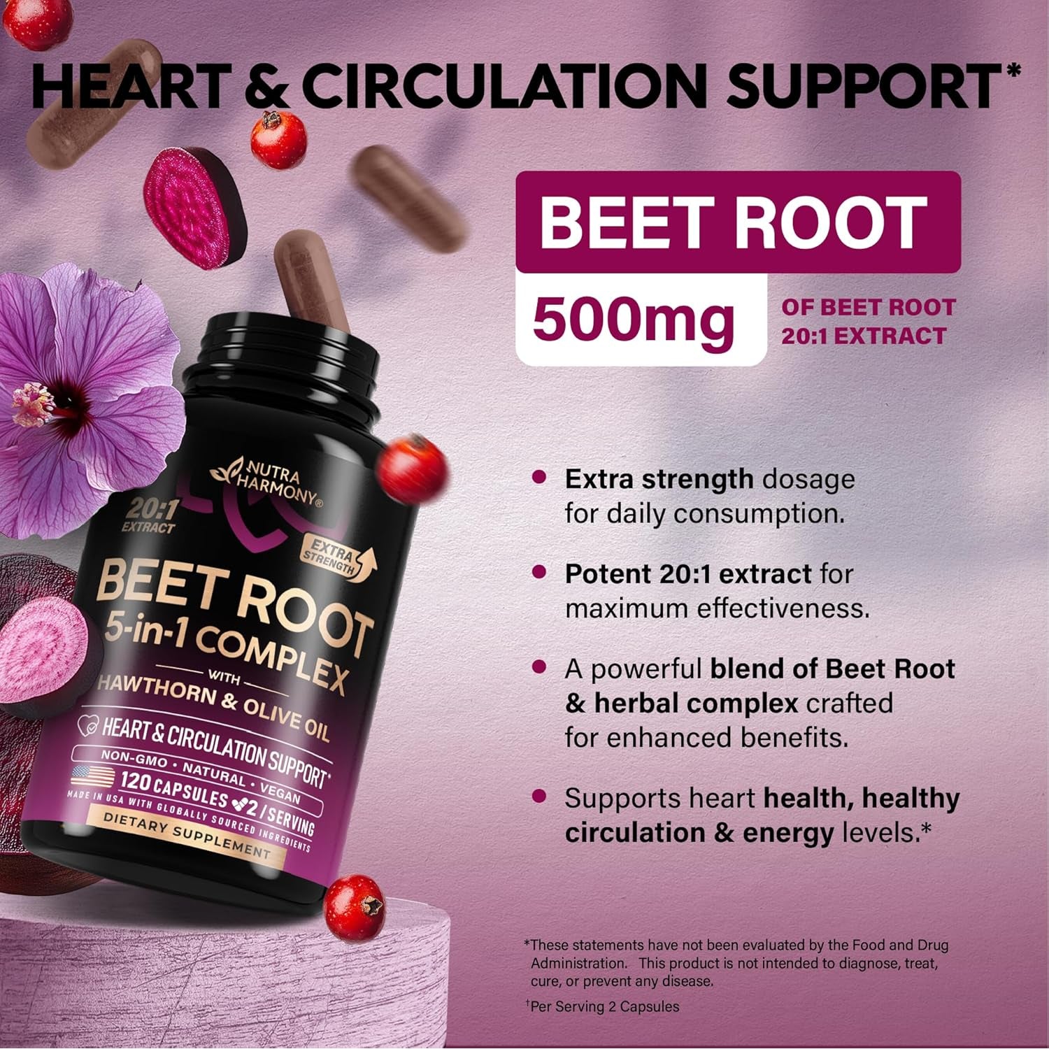 NUTRAHARMONY Beetroot Capsules - 120 Count | Nitric Oxide & Circulation Support | High-Strength Beet Root Extract | Vegan