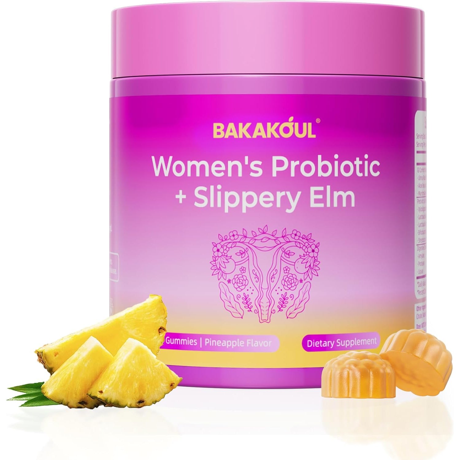 BAKAKOUL Feminine Probiotic Gummies – Slippery Elm, Prebiotics & Probiotics for pH Balance & Immune Health | Vegan | Pineapple | 60 Gummies