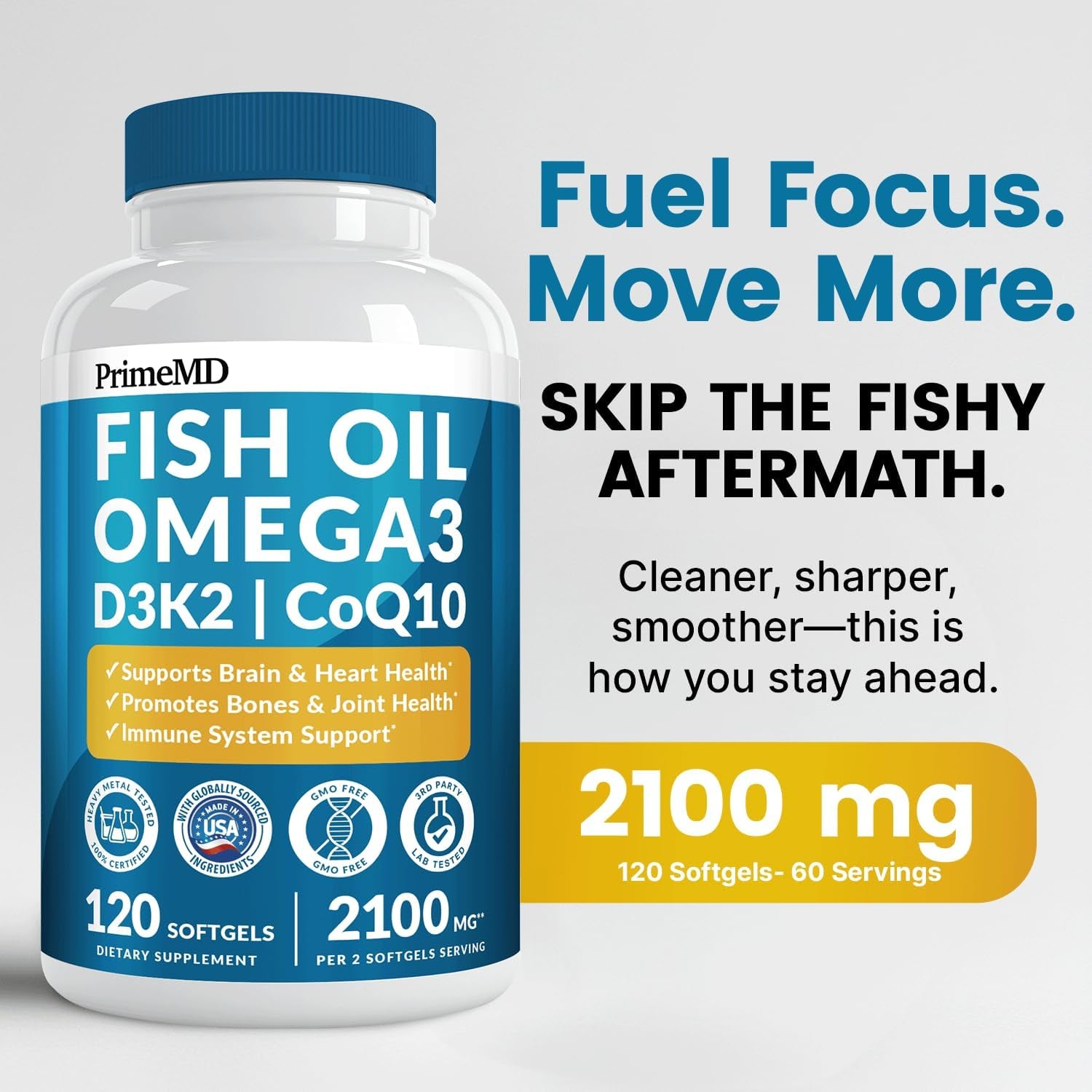 4-In-1 Fish Oil Omega 3 Fatty Supplements (2100Mg) - Omega 3 Fish Oil with Vitamins D3 K2 and Coq10 - Lemon Flavored (120 Softgels)