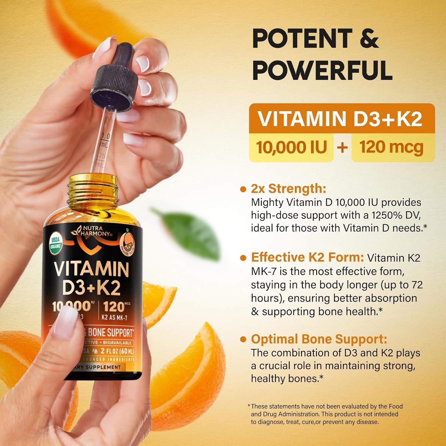 NutraHarmony Organic Vitamin D3 10,000 IU & K2 MK-7 Drops – 60ml | 60-Day Supply | Immune, Mood, Bone & Teeth Support | Sugar-Free Orange