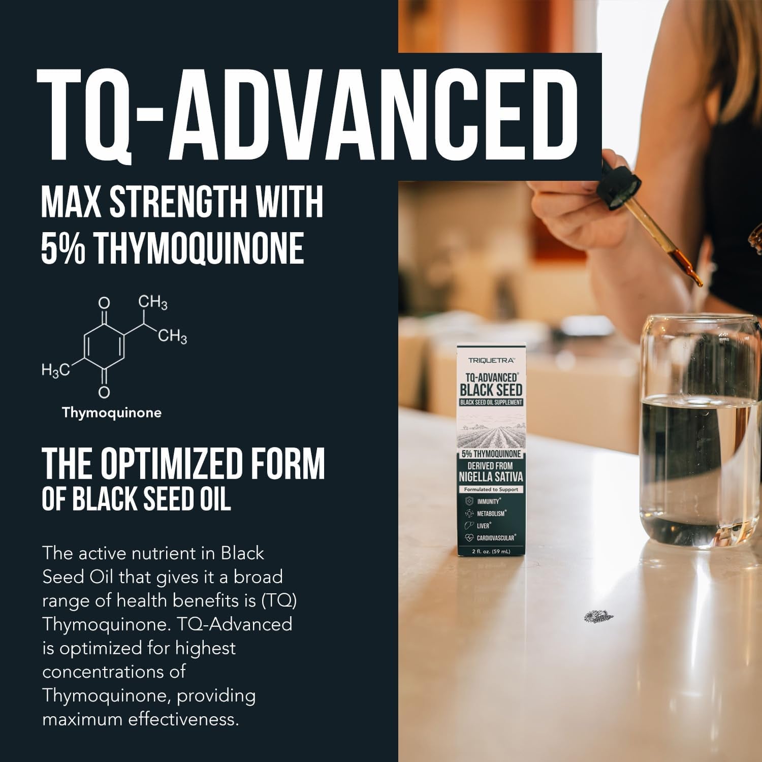 Black Seed Oil Liquid | 5% Thymoquinone - Tq-Advanced® | High Potency - 100 Mg per Serving - 15:1 Concentrate from Nigella Sativa Extract, Raw Form, Vegan Formula, Glass Bottle (30 Servings)