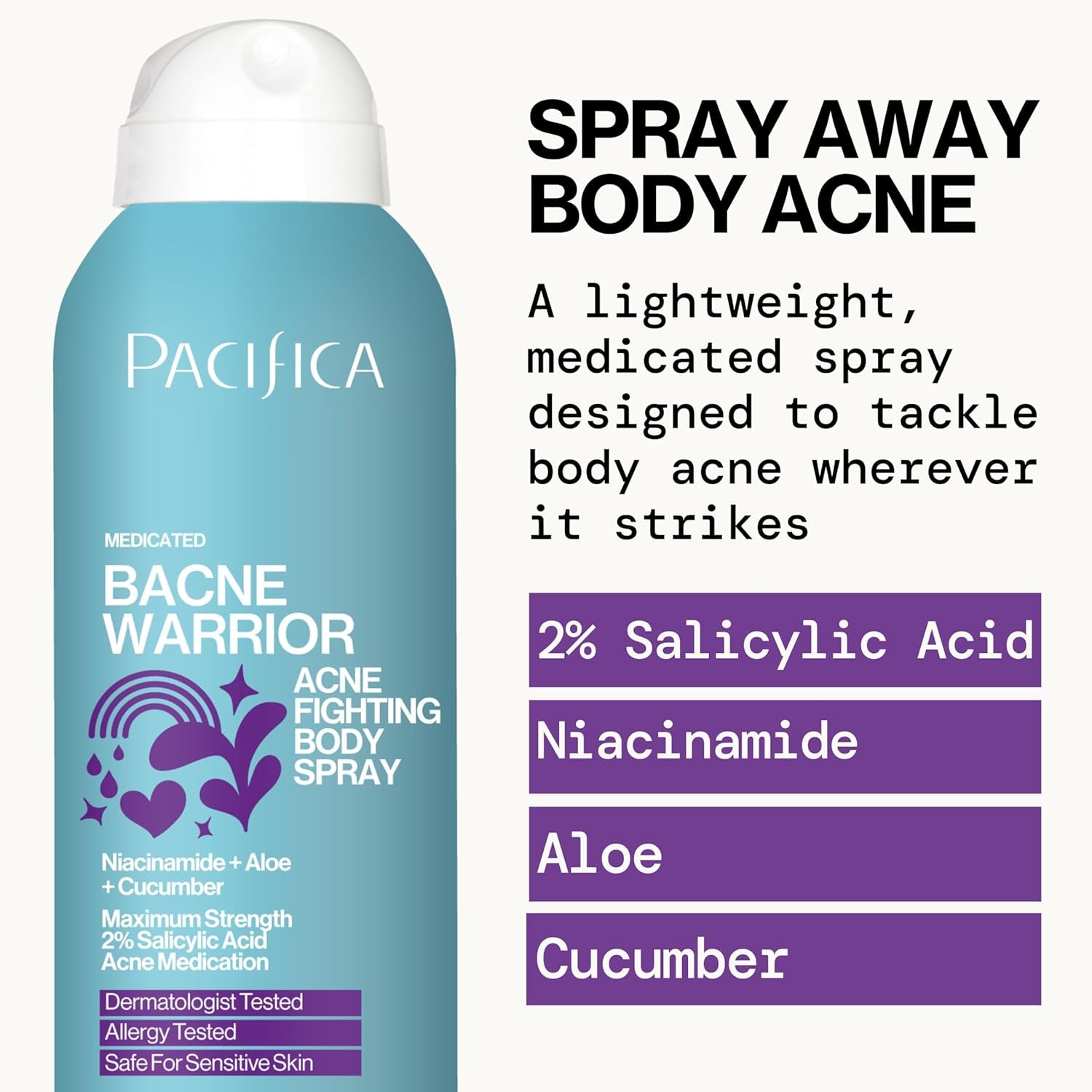 Pacifica Bacne Warrior - Bacne Salicylic Acid Spray, Back Acne Treatment Spray with 2% Salicylic Acid, Niacinamide, and Aloe, Body Acne Warrior for Body, Chest, and Back, Dermatologist Tested- 6 Fl Oz