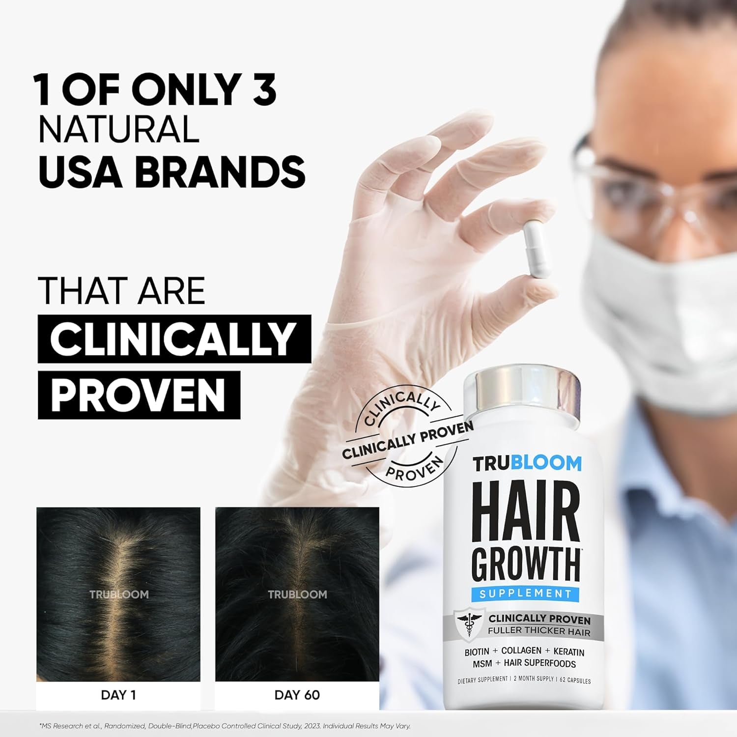 TRU BLOOM Hair Growth Vitamins – 2 Month Supply | Clinically Proven & Dermatologist-Tested for Fuller, Thicker Hair | Biotin, Collagen, Keratin, MSM, Zinc & Vitamin D3