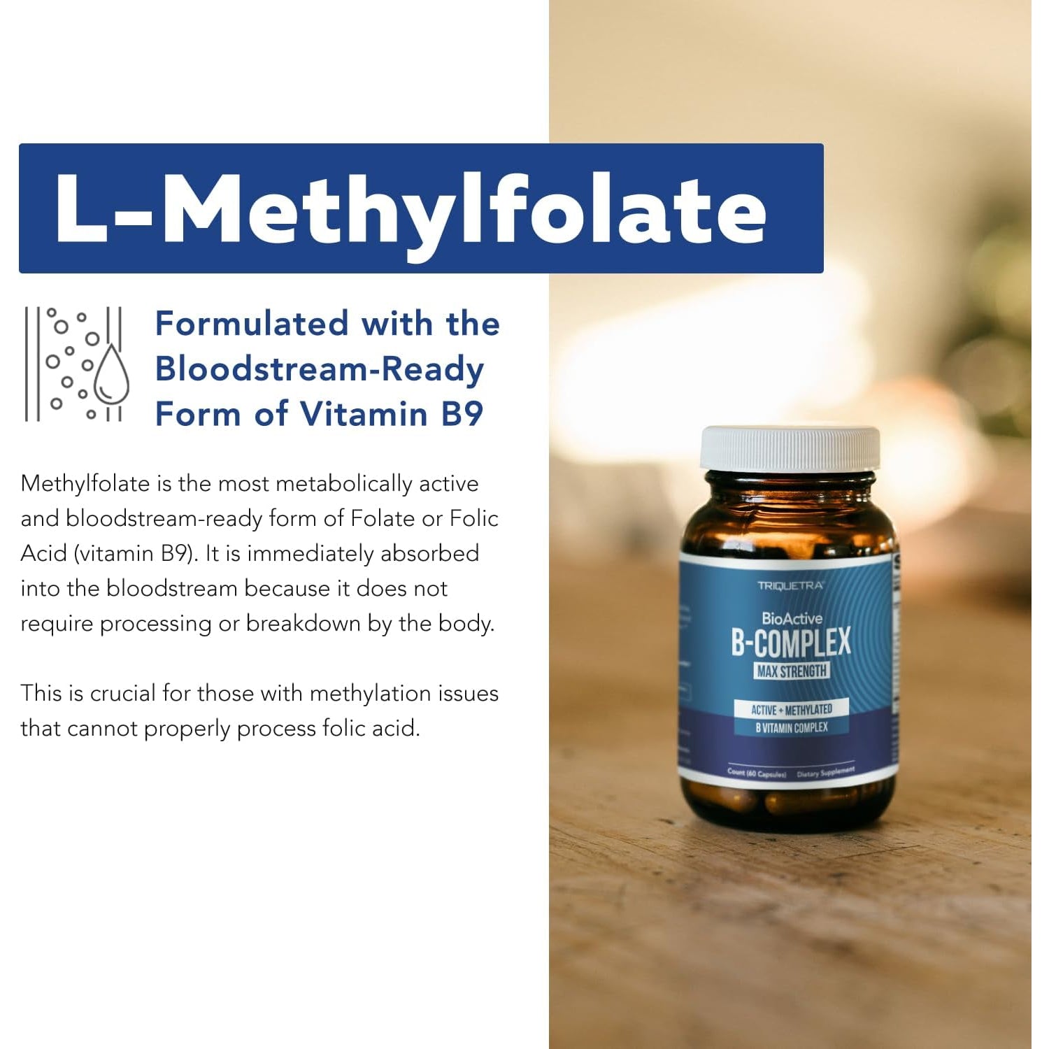 Bioactive Vitamin B Complex - Blood Stream Ready, Methylated B Complex - Featuring Methylfolate, 3 Bioactive Forms of B12, Benfopure® B1 & Pantesin® B5 - 12 B Vitamins in Clinical Doses - 60 Servings