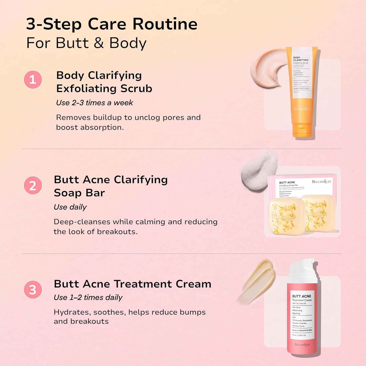 Bellamiluxx Butt Acne Clearing Treatment Cream: Body Acne Treatment for Folliculitis and Pimples on Buttocks, Thighs, and Body with 2% Salicylic Acid & Tea Tree Oil - Butt Cream for Smooth Skin