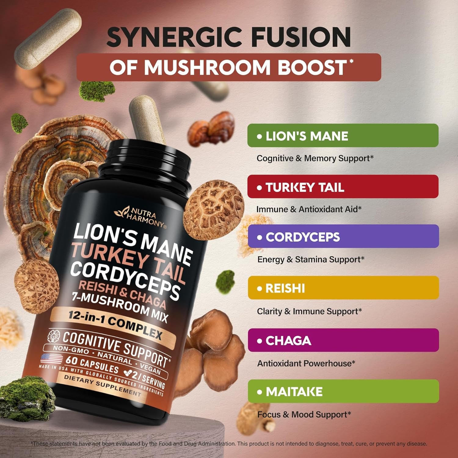 NUTRAHARMONY 12 Mushroom Complex — 60 Capsules | Cordyceps, Shiitake & 10 More | Immunity, Energy & Adaptogen Blend