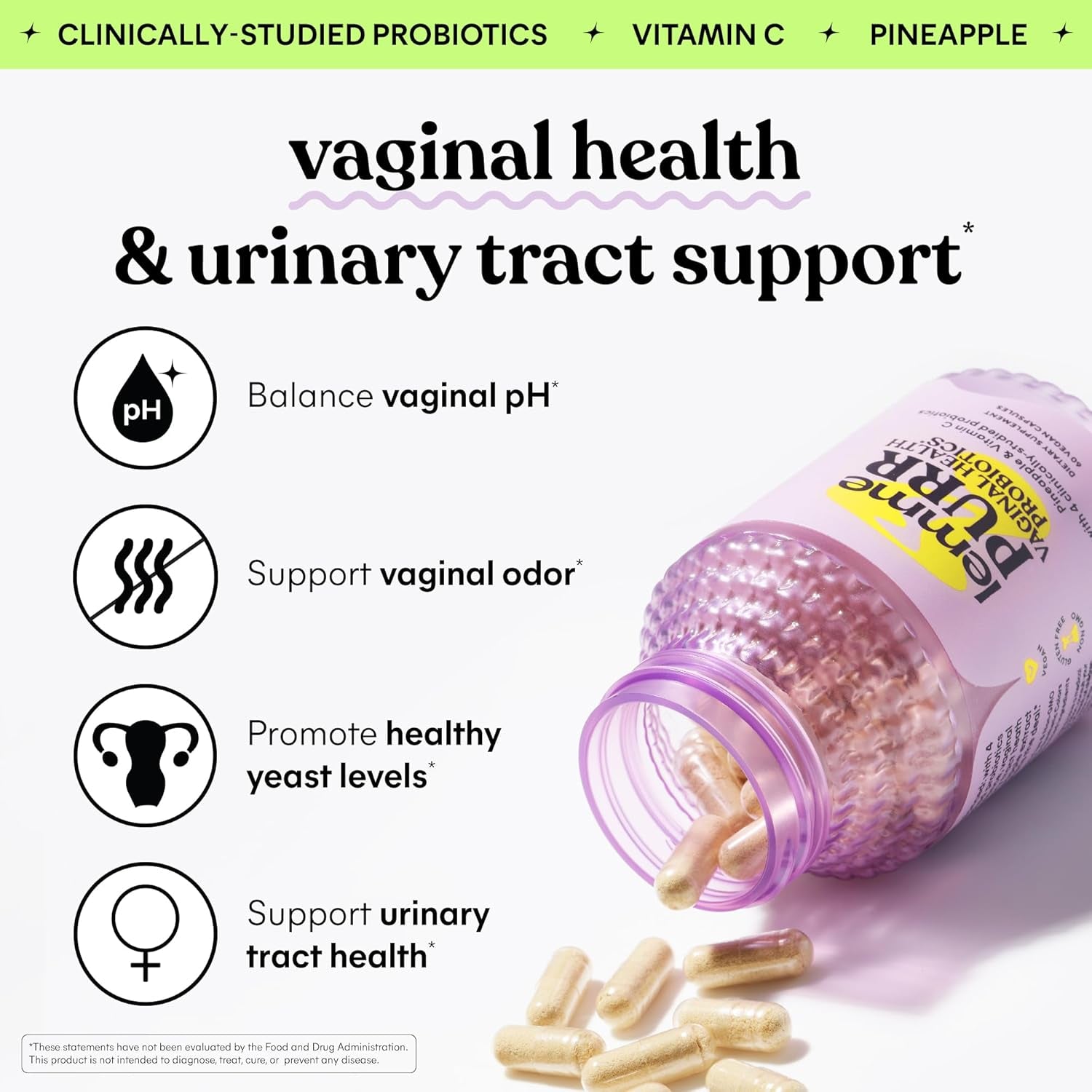 Purr Vaginal Probiotics for Women - Promotes Ph Balance, Healthy Vaginal Odor & Urinary Tract Health W/Lactobacillus Blend, Clinically Tested Strains, Pineapple & Vitamin C - 60 Veggie Capsules