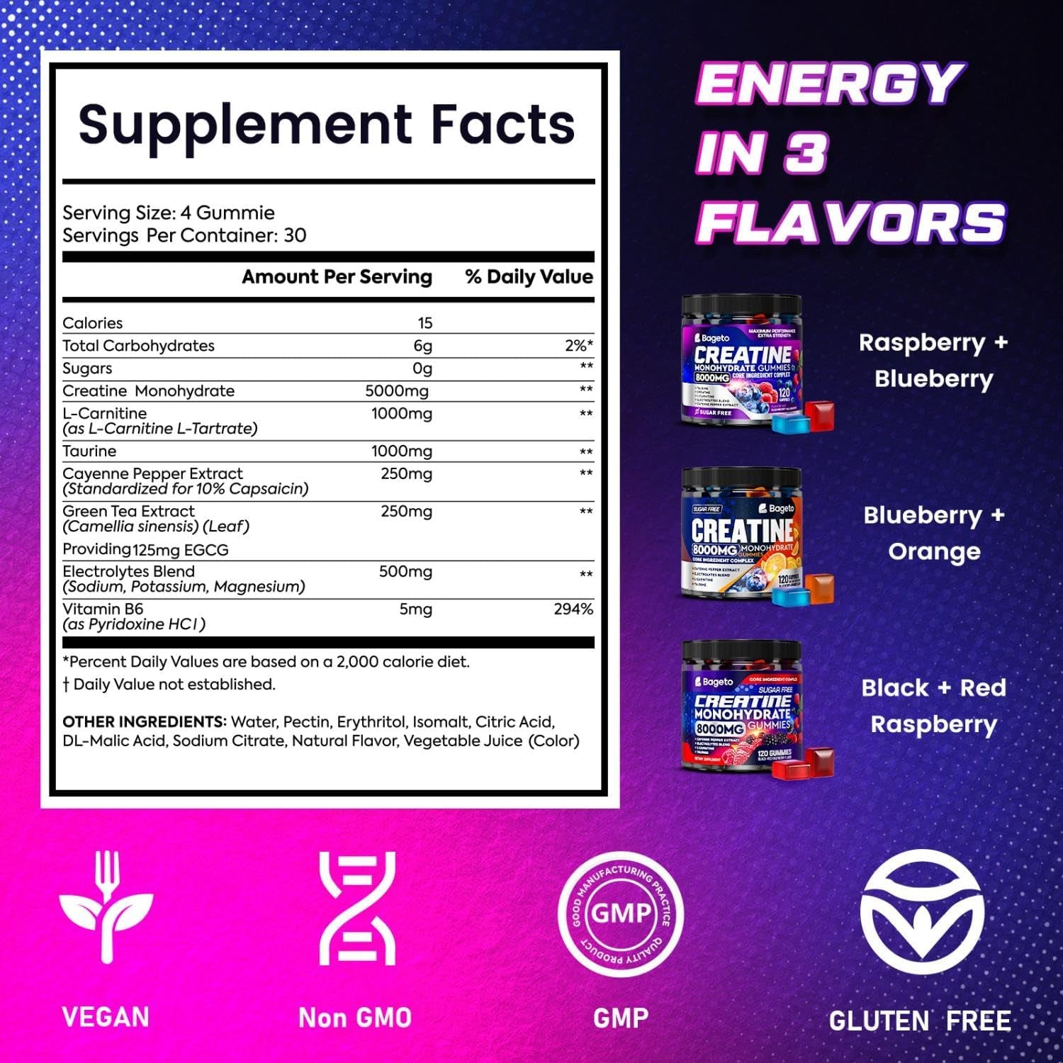 Bageto Creatine Gummies, 8000 MG Complex | 1G Taurine + Electrolytes + 5G Creatine Monohydrate, Creatine Monohydrate Gummies for Women & Men, for Muscles, Energy & Recovery, 0 Sugar 120 Ct
