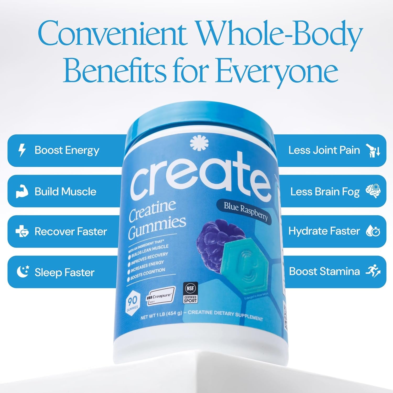 Create Creatine Monohydrate Gummies – Blue Raspberry | 1.5g Per Gummy | Vegan & Gluten-Free | Strength, Focus & Endurance for Men & Women