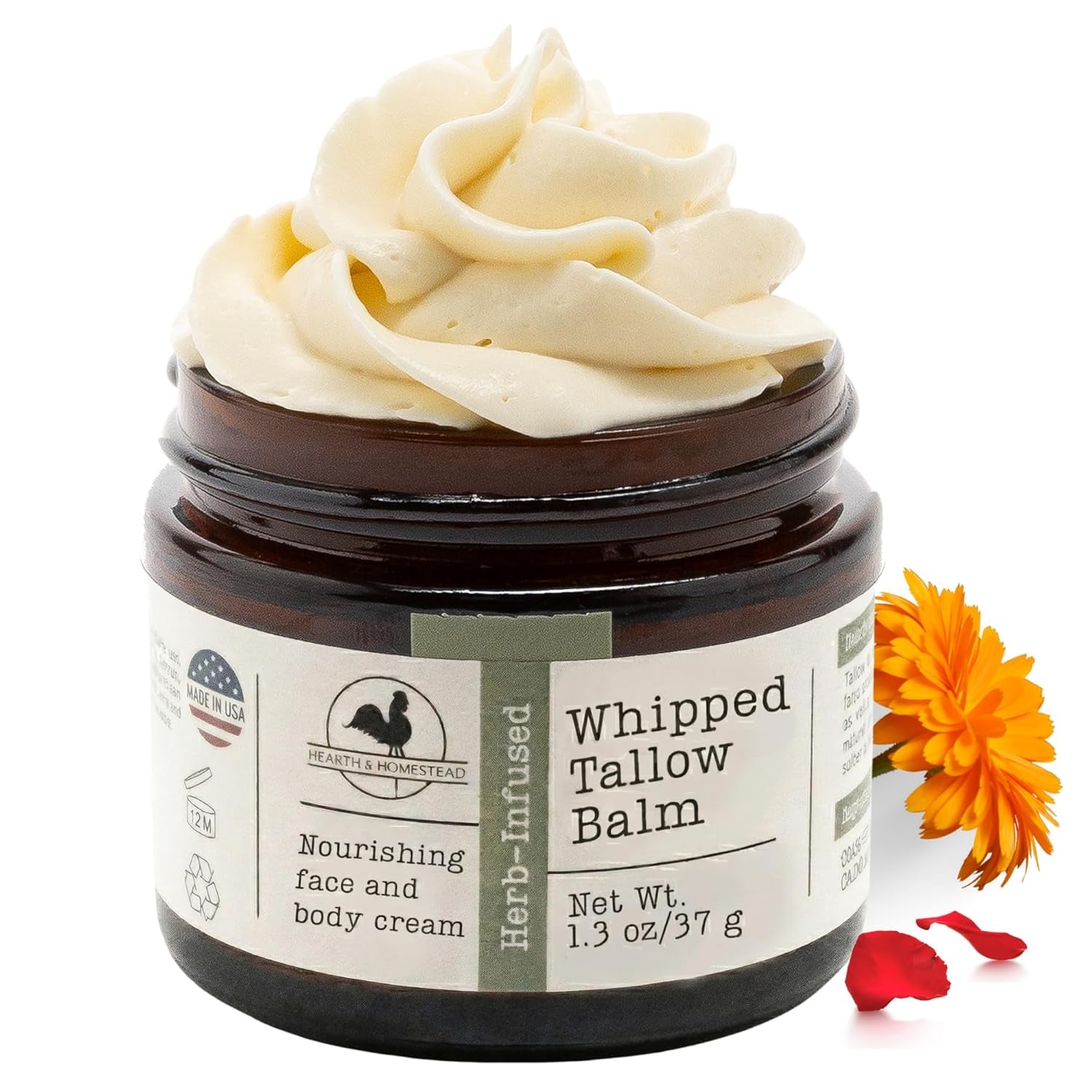 Hearth & Homestead Whipped Grass-Fed Beef Tallow Balm – 37g | Organic Olive Oil, Calendula & Rose | Unscented | Dry Skin, Face & Body Moisturiser