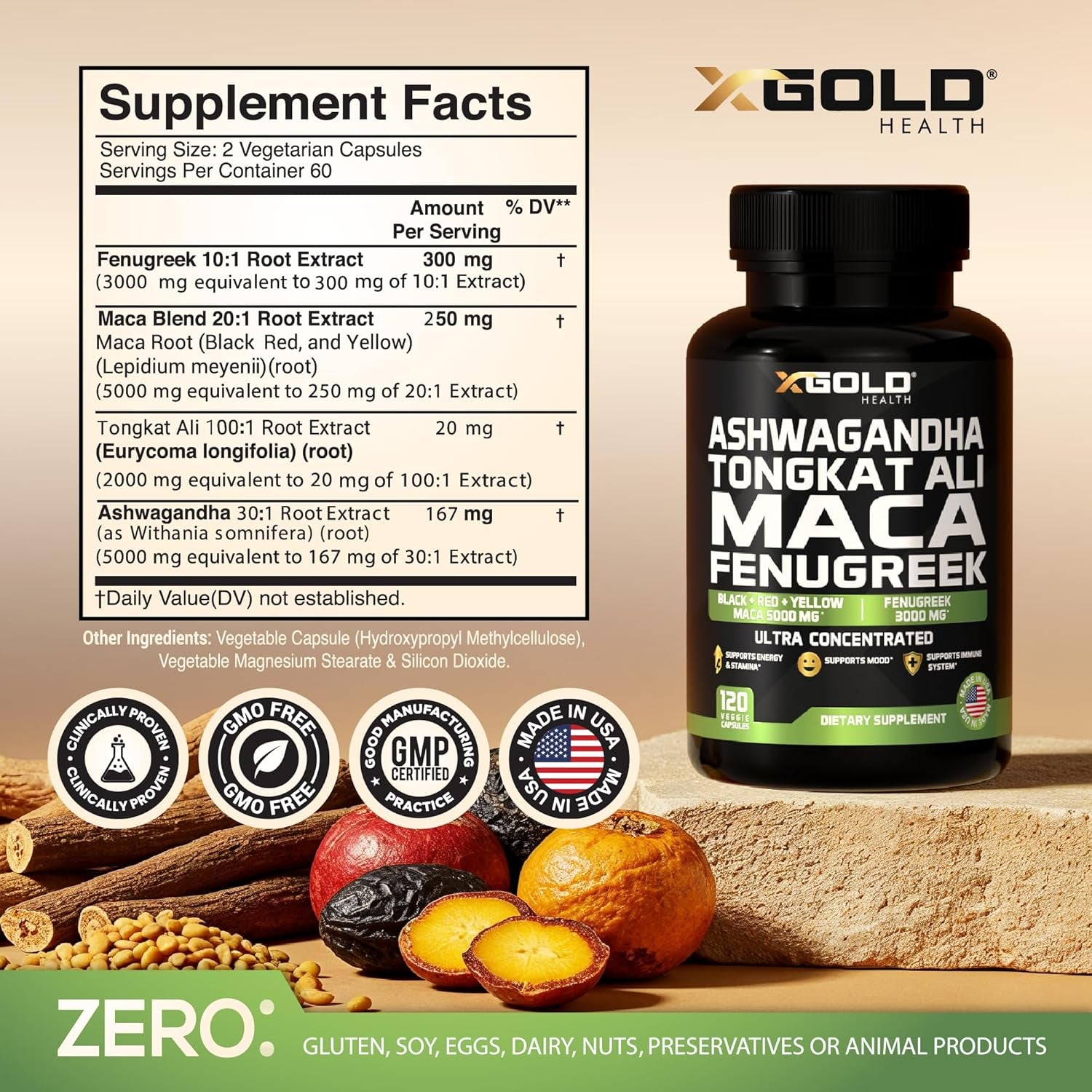 X Gold Health Ashwagandha Tongkat Ali Maca Fenugreek – 120 Capsules | Ultra-Potent Energy, Focus & Hormone Support