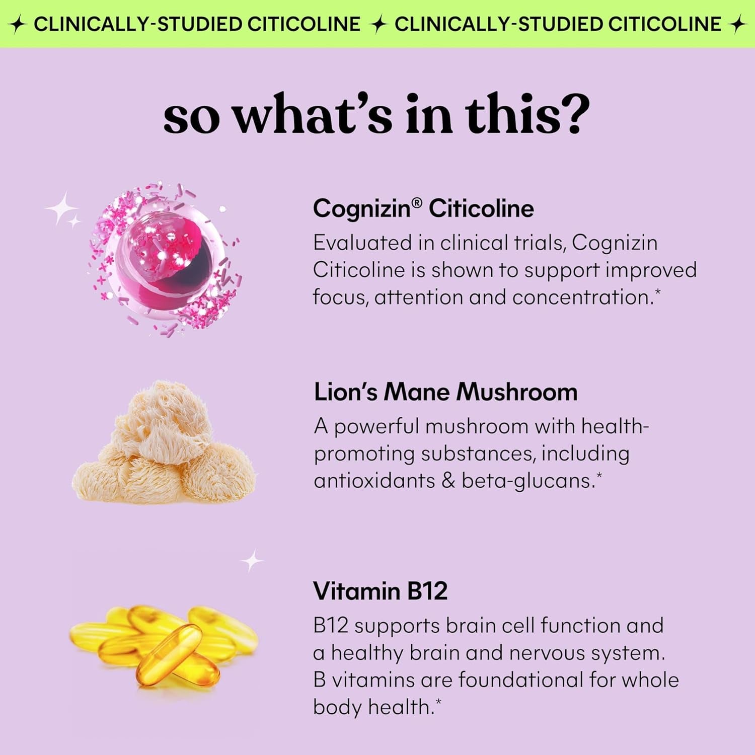 Focus Concentration & Brain Health Gummies with Cognizin Citicoline, Lion'S Mane Mushroom, Vitamin B12 to Support Focus + Concentration - Gluten Free, Caffeine Free, Strawberry (50 Count)