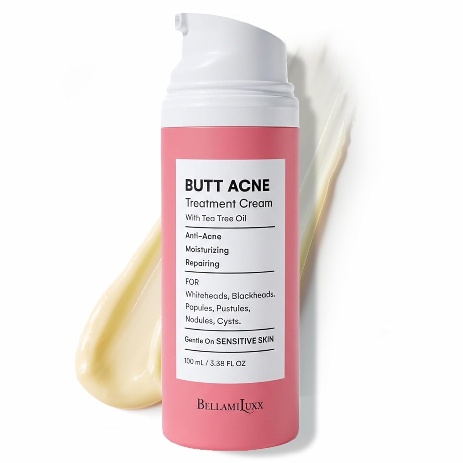 Bellamiluxx Butt Acne Clearing Treatment Cream: Body Acne Treatment for Folliculitis and Pimples on Buttocks, Thighs, and Body with 2% Salicylic Acid & Tea Tree Oil - Butt Cream for Smooth Skin