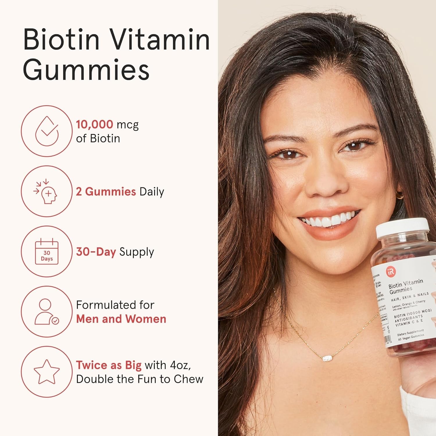 iRestore Biotin Vitamin Gummies – 60 Vegan Gummies | Hair, Skin & Nails Support with 10,000mcg Biotin + Vitamins C & E