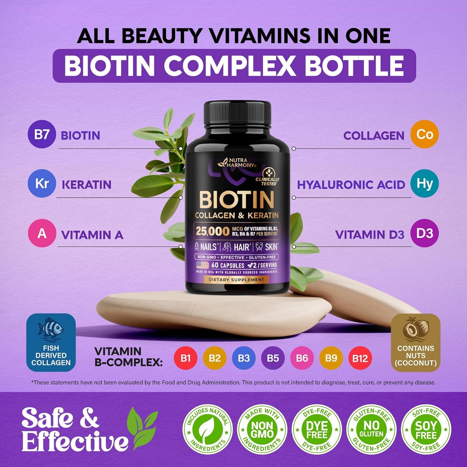 NUTRAHARMONY Biotin, Collagen & Hyaluronic Acid Gummies | Hair, Skin & Nail Support | Sugar-Free | 60 Count