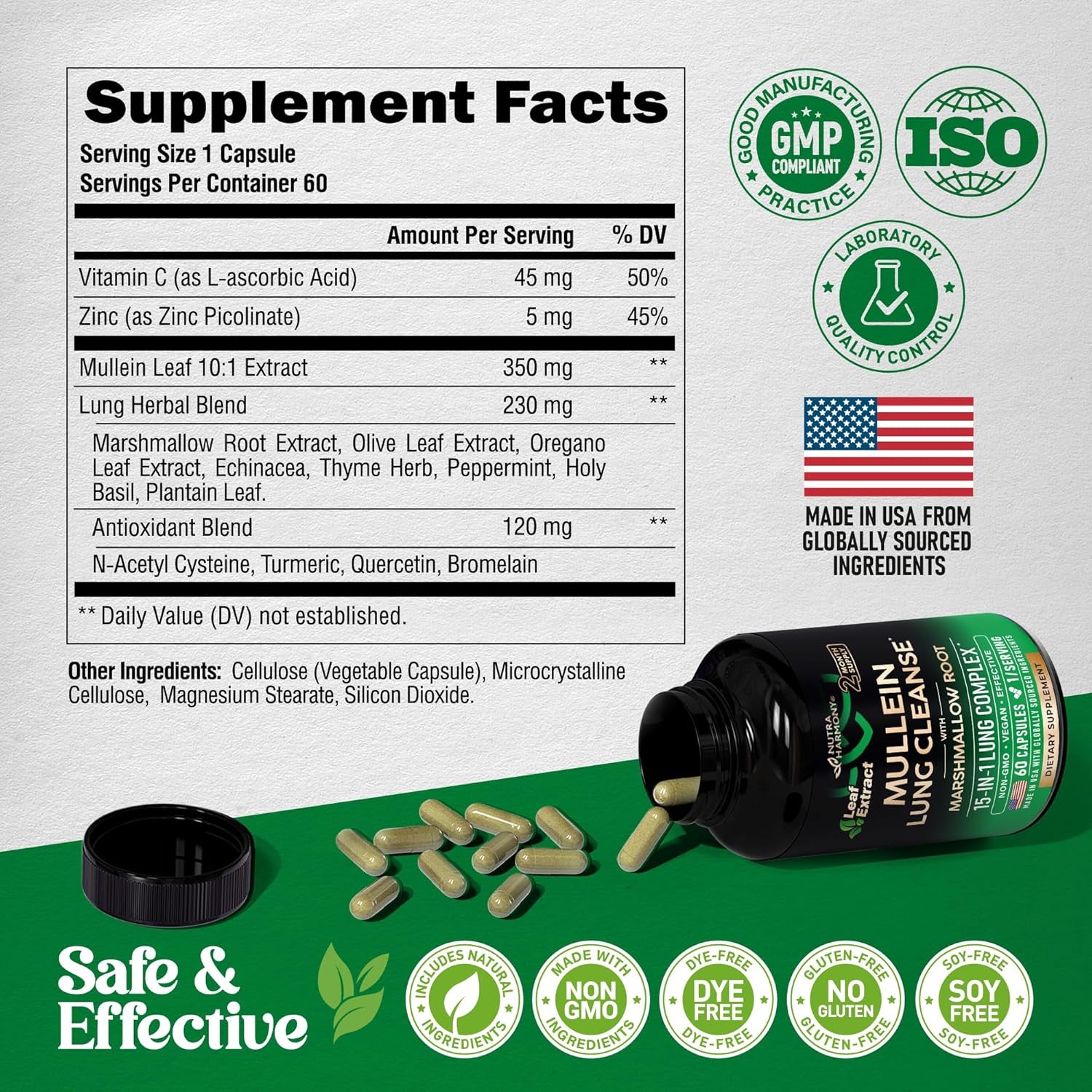 NUTRAHARMONY USDA Organic Mullein Leaf Drops - 60 capsules | Liquid Lung Support & Respiratory Health | Natural Herbal Extract