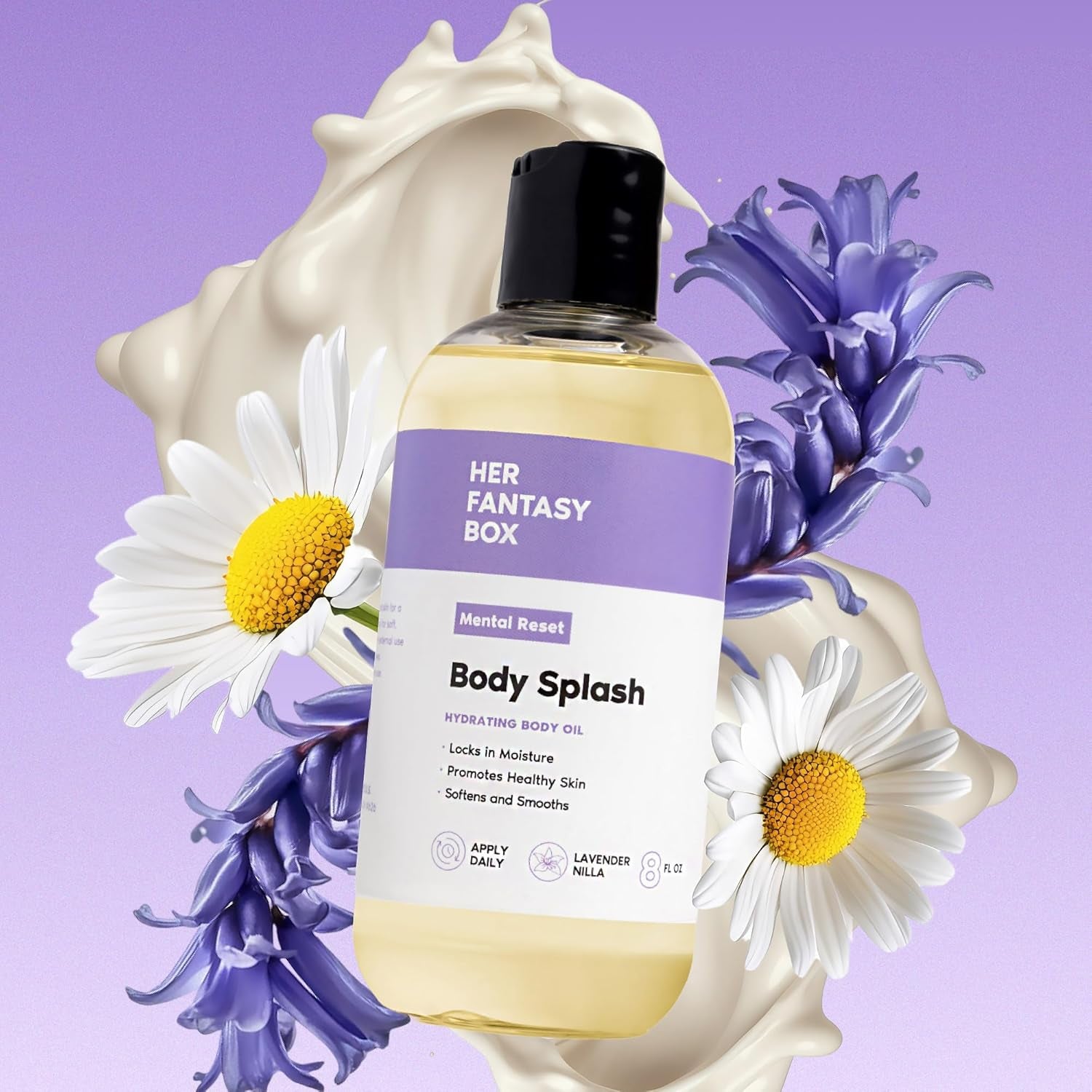 Her Fantasy Box | Body Splash Mental Reset Fragrance Oil – Lavender, Chamomile & Warm Vanilla Scent with Soft Amber & Musk, Lightweight Hydrating Body Oil, Vegan & Cruelty Free