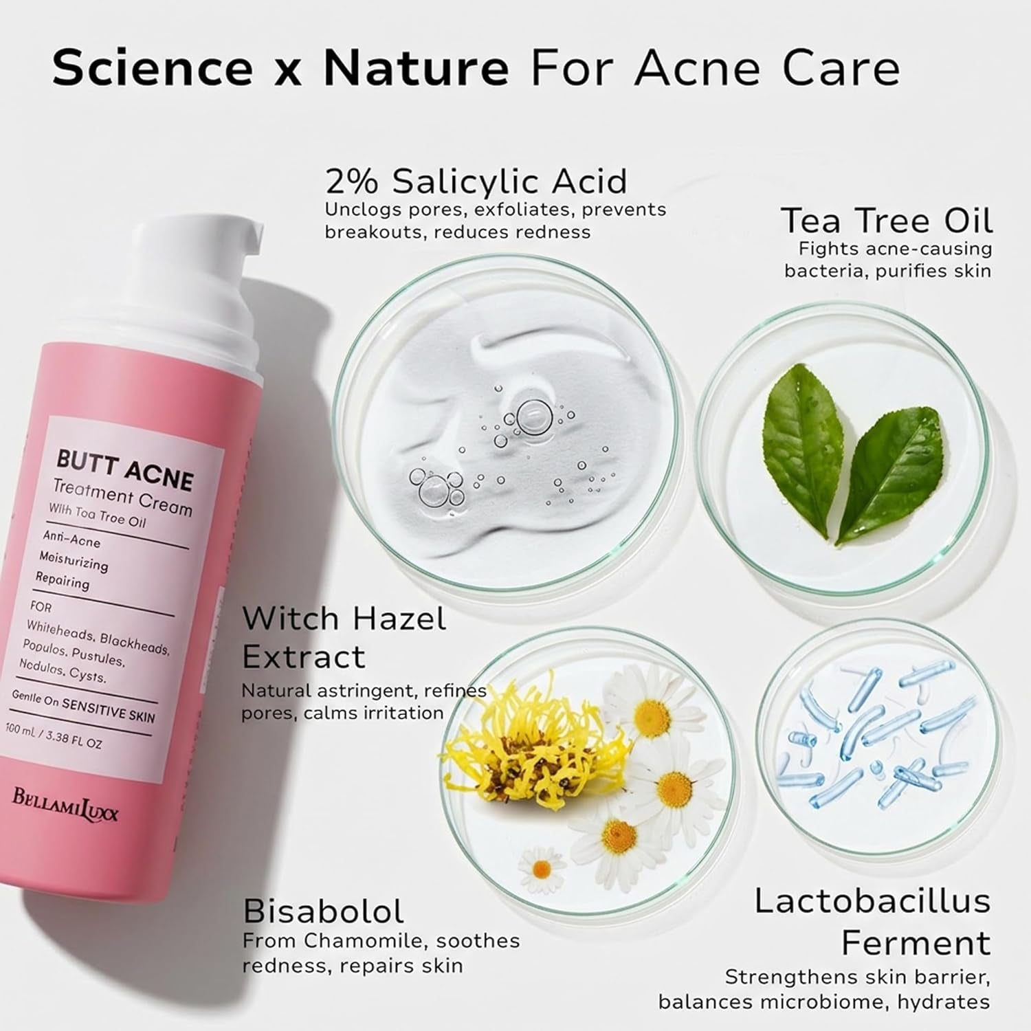 Bellamiluxx Butt Acne Clearing Treatment Cream: Body Acne Treatment for Folliculitis and Pimples on Buttocks, Thighs, and Body with 2% Salicylic Acid & Tea Tree Oil - Butt Cream for Smooth Skin