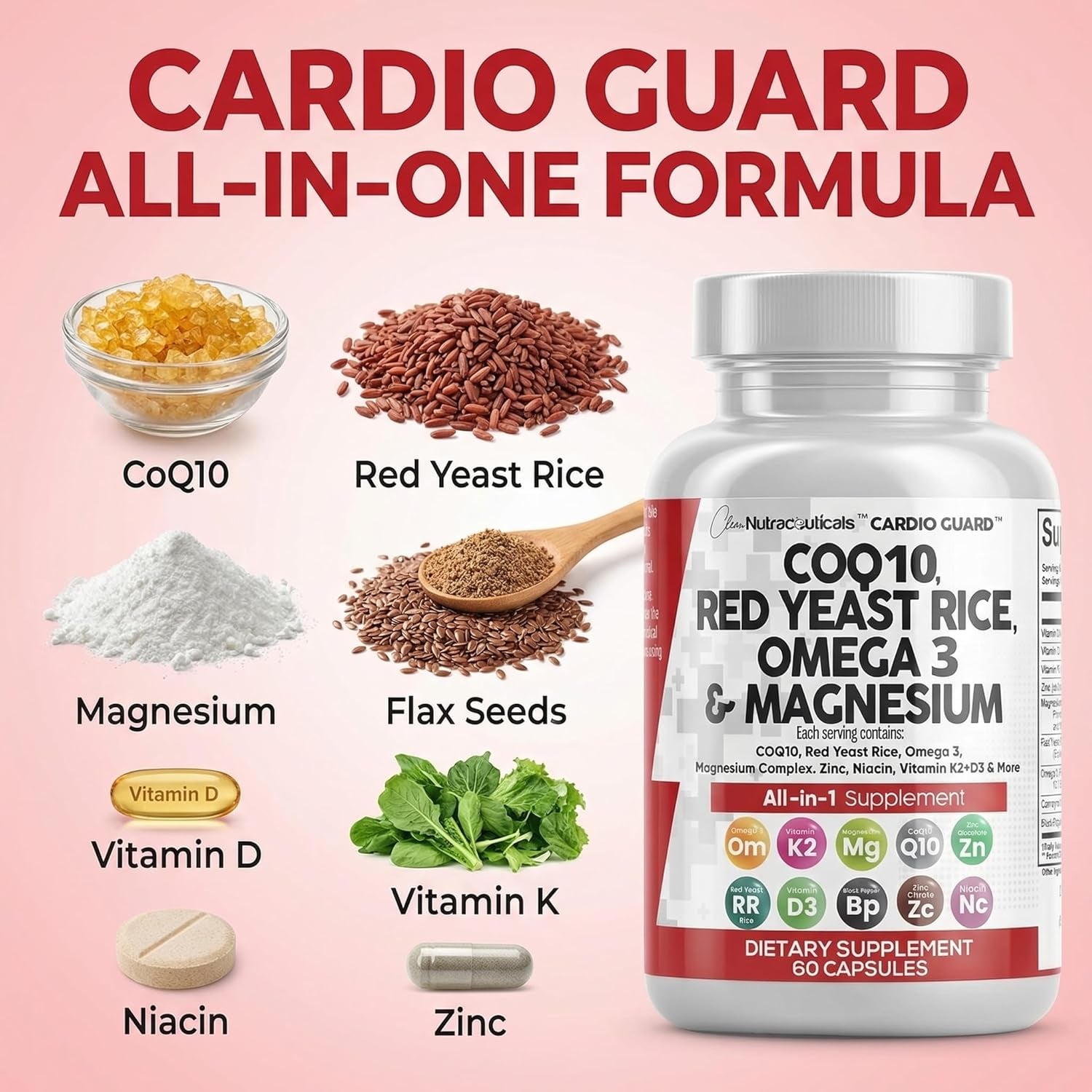Clean Nutraceuticals COQ10 200Mg Red Yeast Rice Omega 3 Magnesium Complex 500Mg Niacin Zinc Vitamin K2 D3 - Heart Support Vitamins for Women & Men W/Vitamin B3, Coenzyme Q10-60 Ct