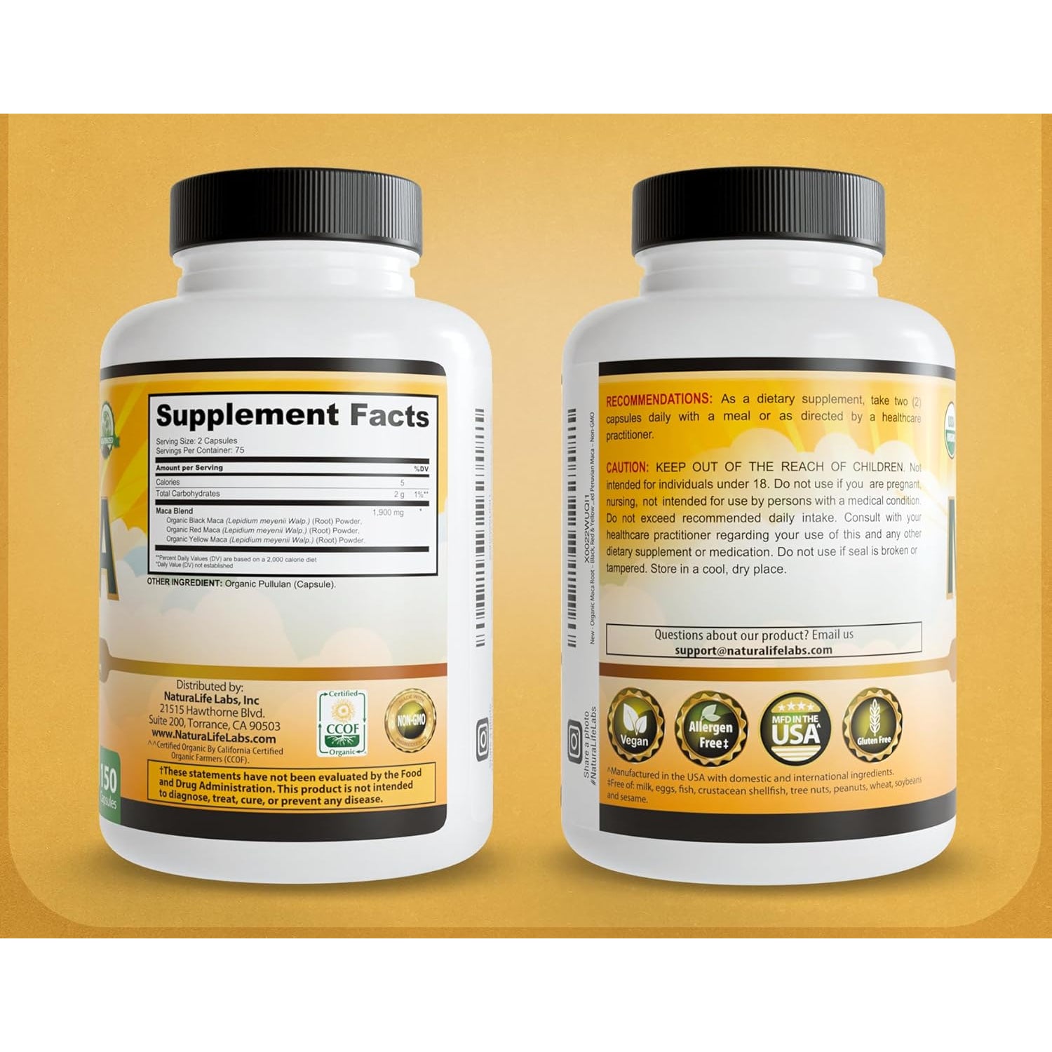 Naturalife Labs Organic Maca Root – Black, Red & Yellow – 1900 Mg per Serving – 150 Capsules – Gelatinized Peruvian Maca – Non-Gmo, Gluten-Free, Vegan