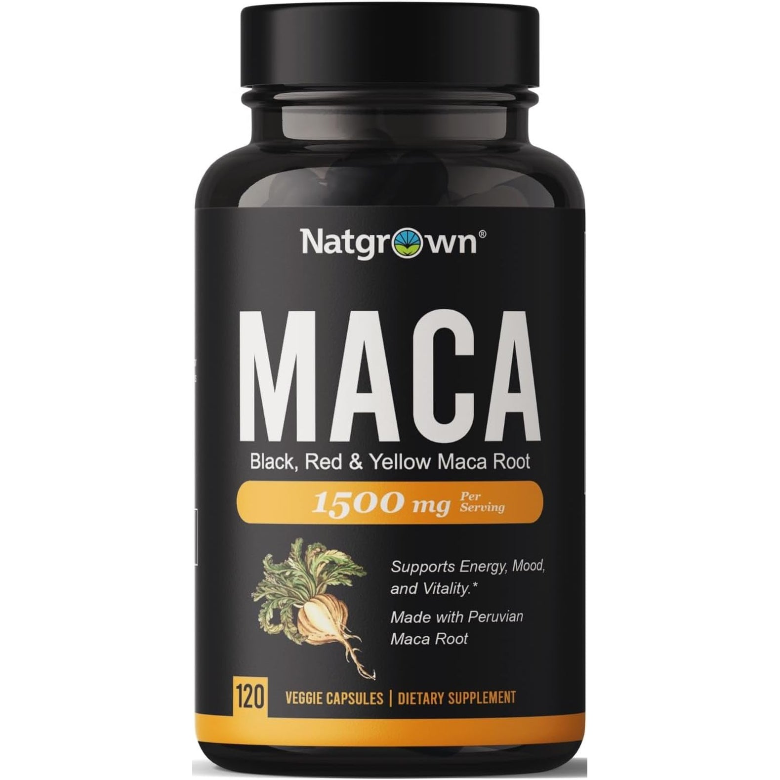 Natgrown Organic Maca Root 1500mg – Gelatinised Black, Red & Yellow Peruvian Maca | Non-GMO Vegan Gluten-Free | 120 Capsules