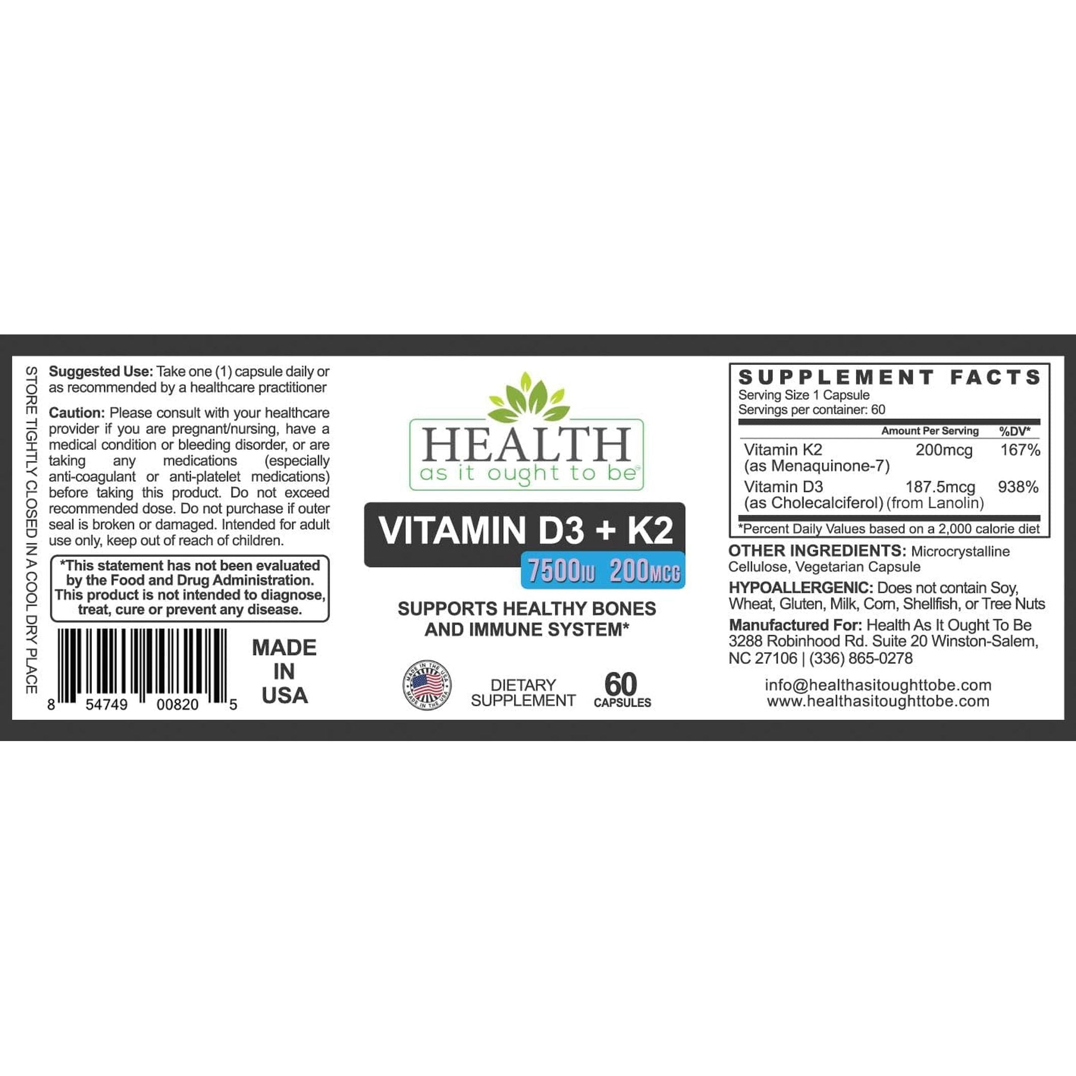 Health As It Ought To Be Vitamin D3+K2 Supplement – 60 Capsules | Bone, Heart & Immune Support