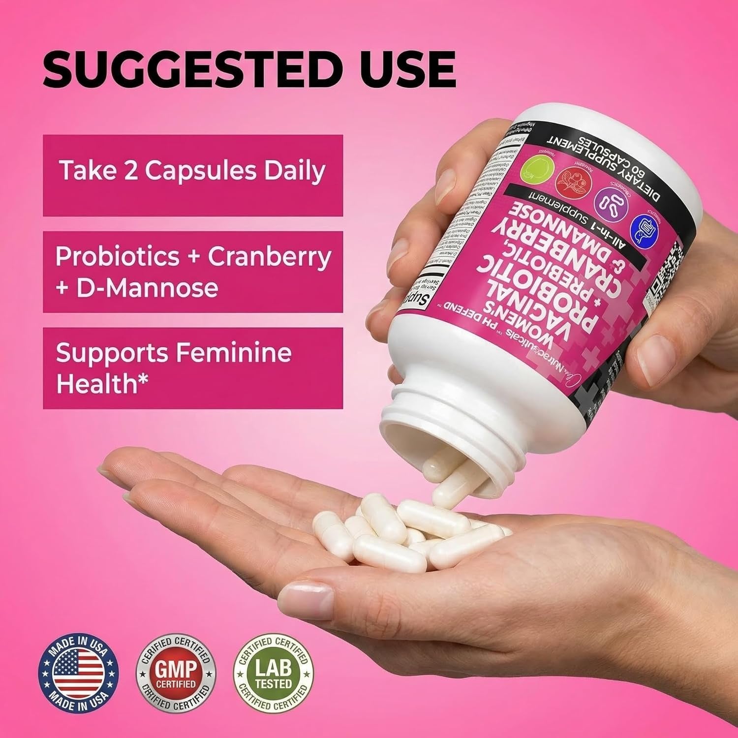 Clean Nutraceuticals Vaginal Probiotic & Cranberry Complex – 60 Capsules | D-Mannose, Prebiotics & pH Balance | Feminine Health & Urinary Tract Support