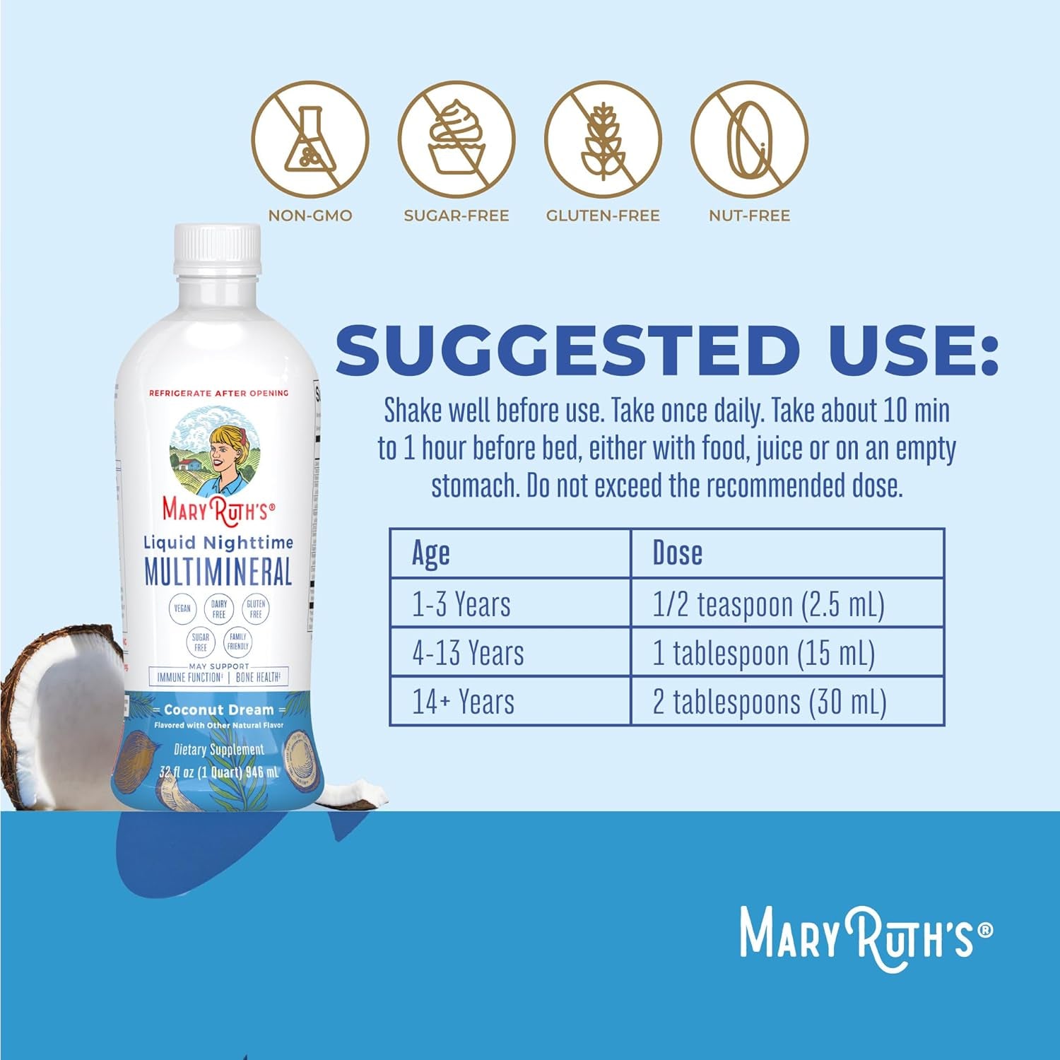 MaryRuth's Liquid Nighttime Multimineral — 946ml | Magnesium Citrate, Calcium & Zinc for Sleep | Melatonin-Free | Vegan & Sugar Free | 32 Servings