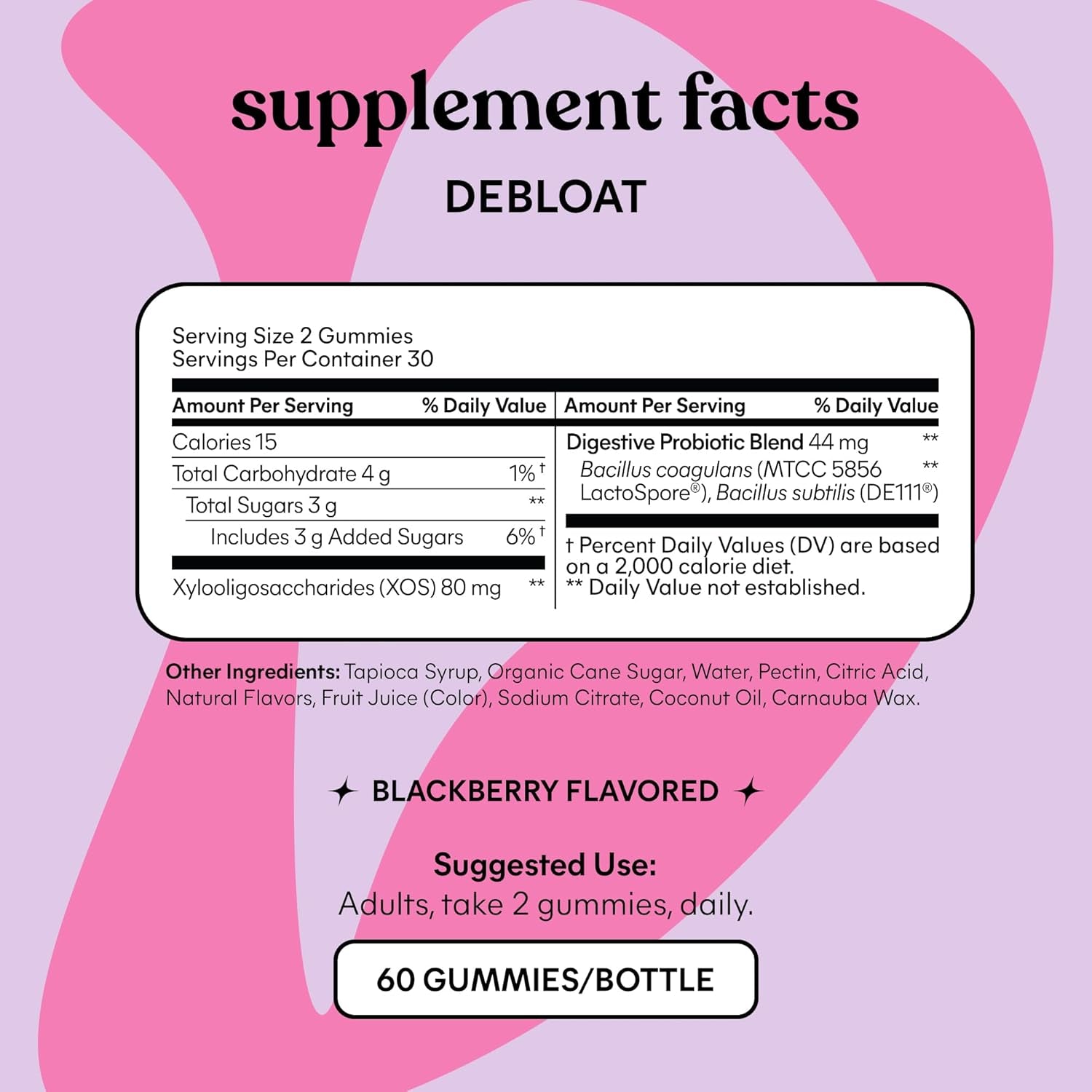 Debloat - Digestive & Gut Health Gummies with 2 Clinically Studied Probiotics & Prebiotic, Vegetarian, Gluten Free, Non GMO, Blackberry Flavor (60 Count)