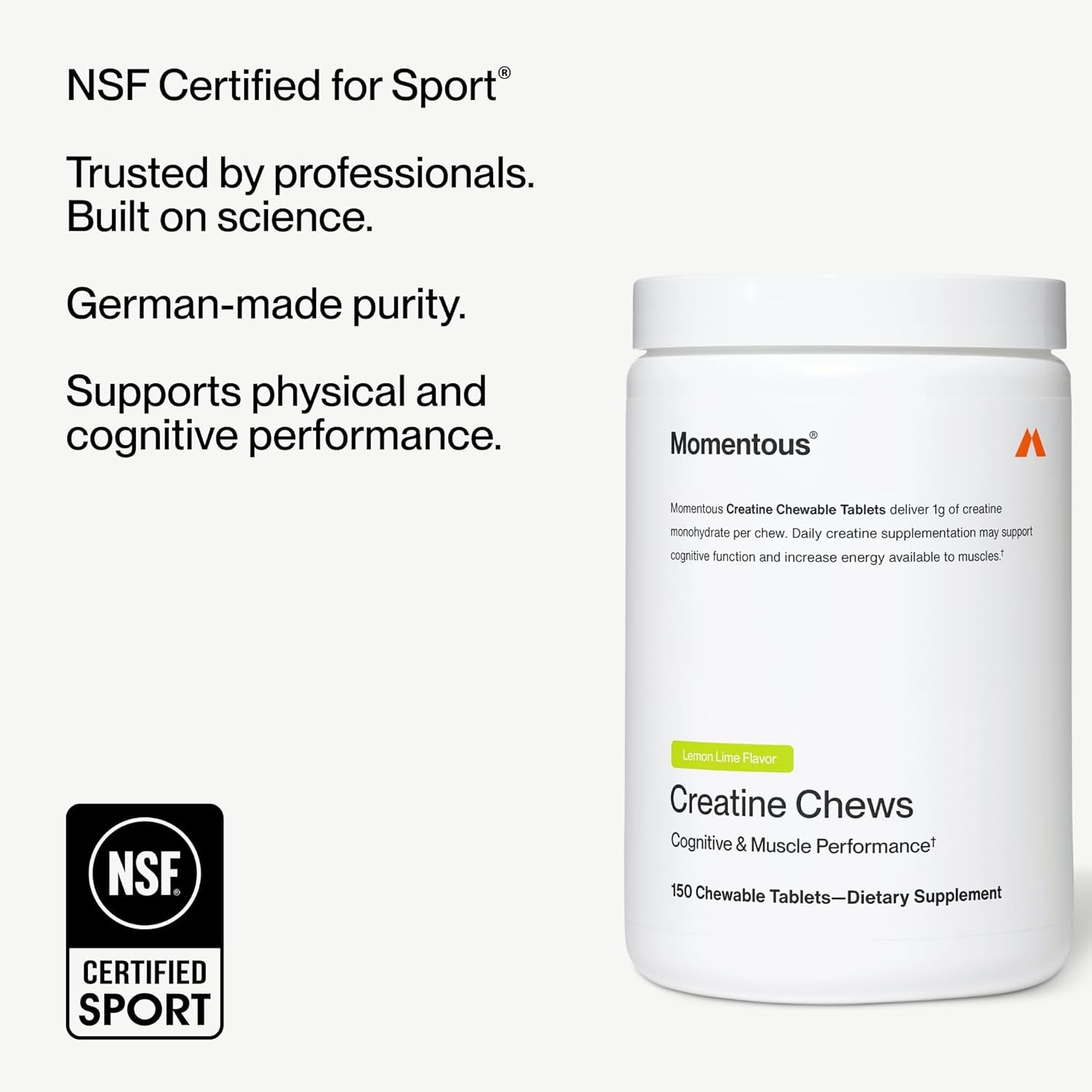 Momentous Creatine Monohydrate Chews – 150 Chewable Tablets | Lemon Lime | NSF Certified for Sport | Strength, Lean Muscle & Recovery for Men & Women