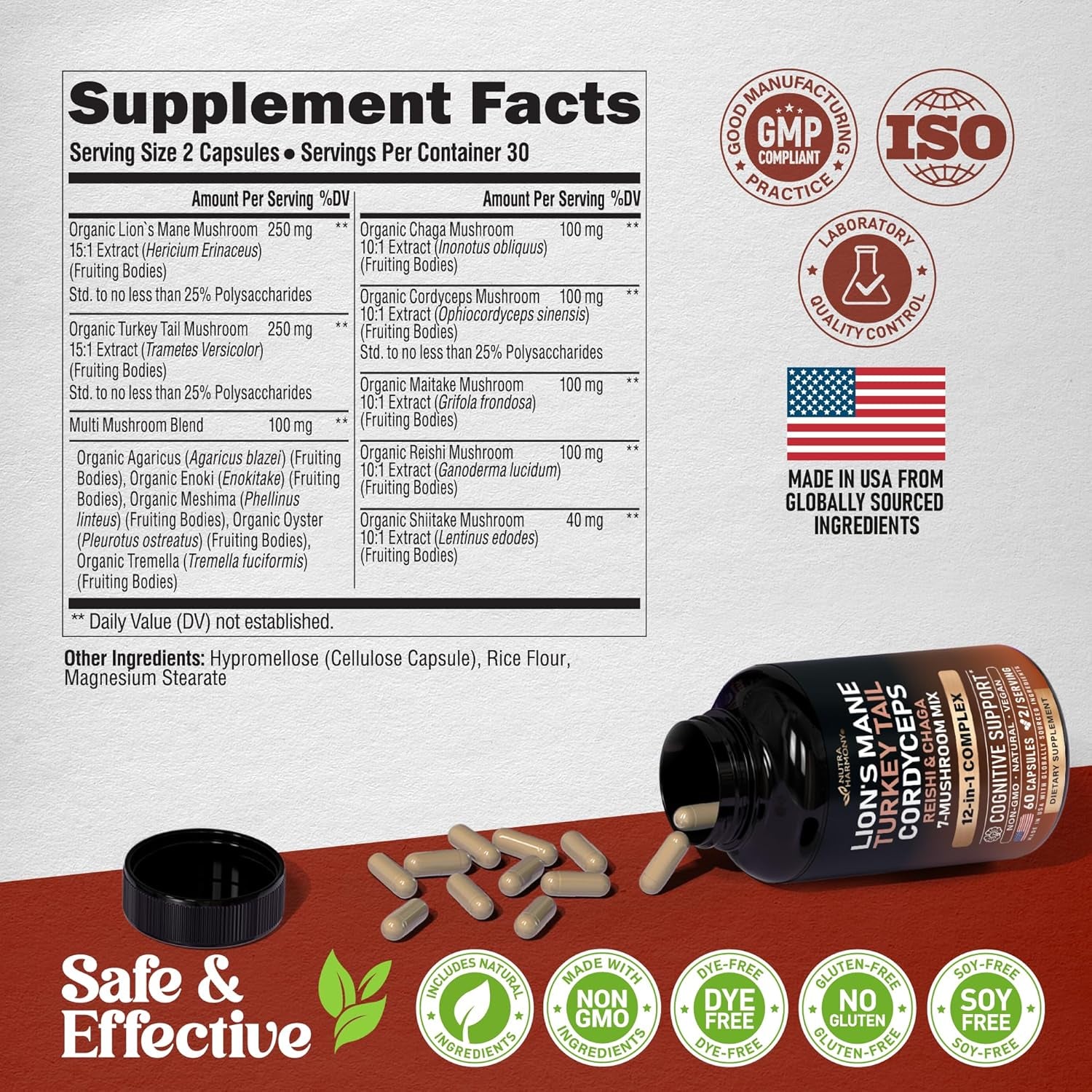NUTRAHARMONY 12 Mushroom Complex — 60 Capsules | Cordyceps, Shiitake & 10 More | Immunity, Energy & Adaptogen Blend