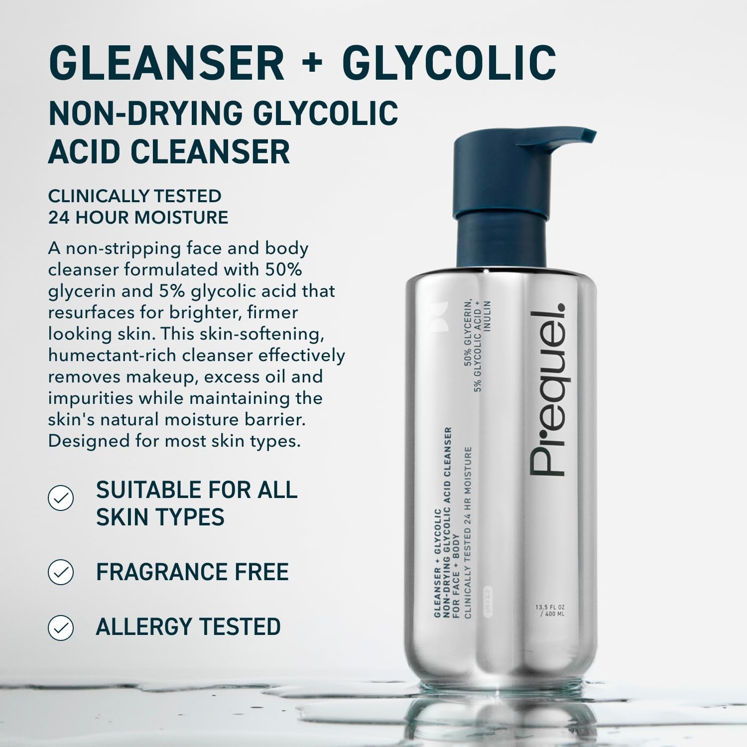 Prequel Glycolic Cleanser | 50% Glycerin Face + Body Wash, 13.5Oz 2-Pack | Unscented Glycolic Acid Face Wash with 50% Glycerin for Face and Body Cleansing, Leaving Skin Hydrated-Feeling after Rinse