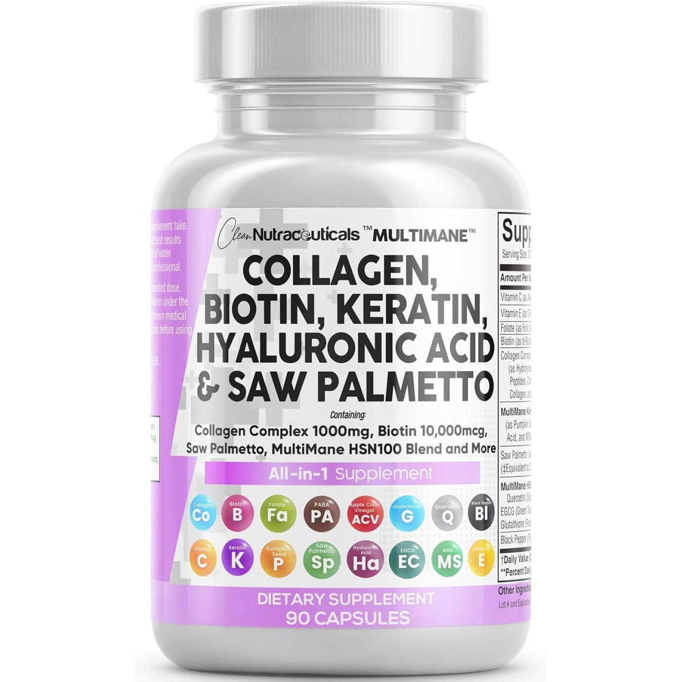 Clean Nutraceuticals Collagen Pills 1000Mg Biotin 10000Mcg Keratin Saw Palmetto Hyaluronic Acid - Hair Skin & Nails Vitamins & DHT Blocker with Vitamin E Folic Acid Pumpkin Seed MSM - 90 Count