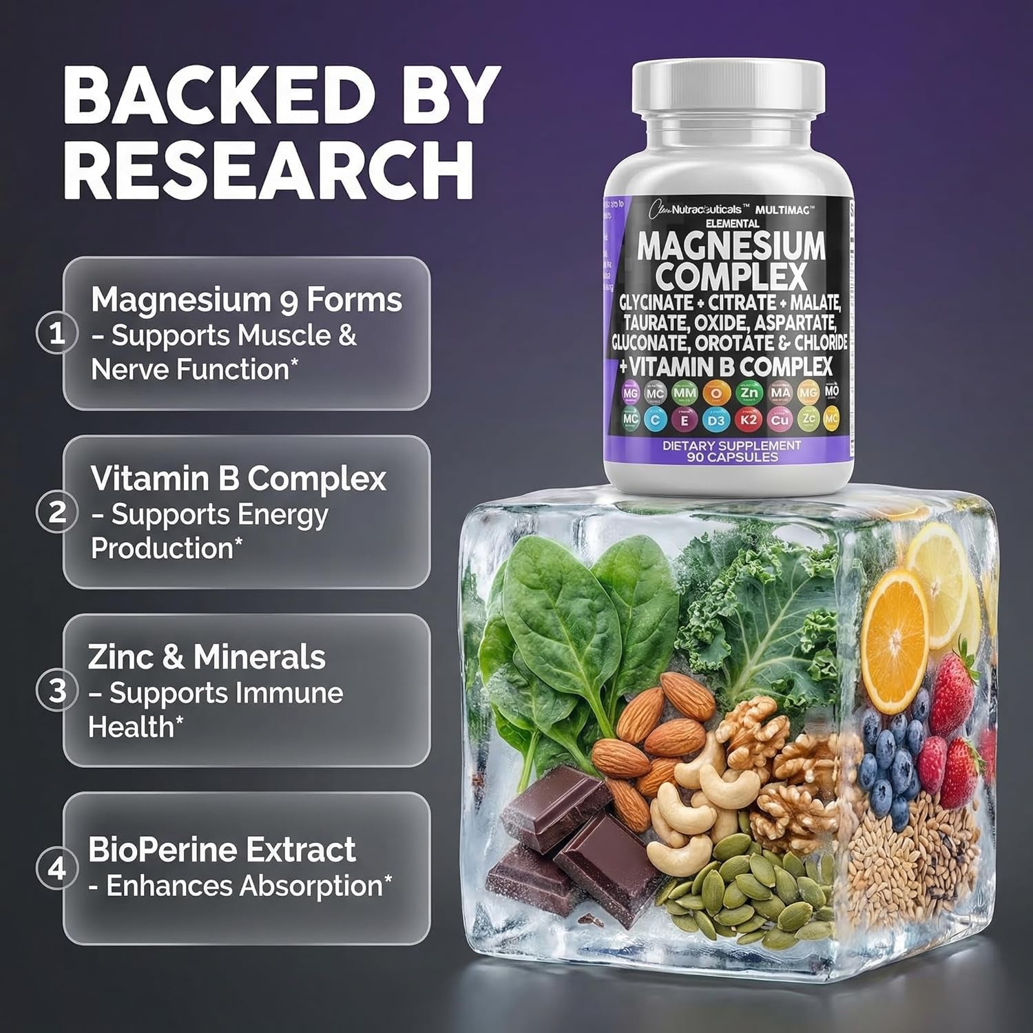 Clean Nutraceuticals 8-in-1 Magnesium Complex – 90 Capsules | Glycinate, Citrate, Malate & Orotate | Zinc, Copper, Manganese & Vitamins C, B1, B2, B6 & B12