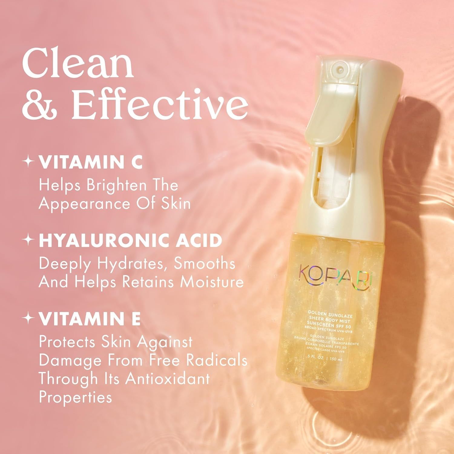Kopari Golden SunGlaze Sheer Body Mist Sunscreen SPF 50 – 150ml | Lightweight, Hydrating Sun Protection