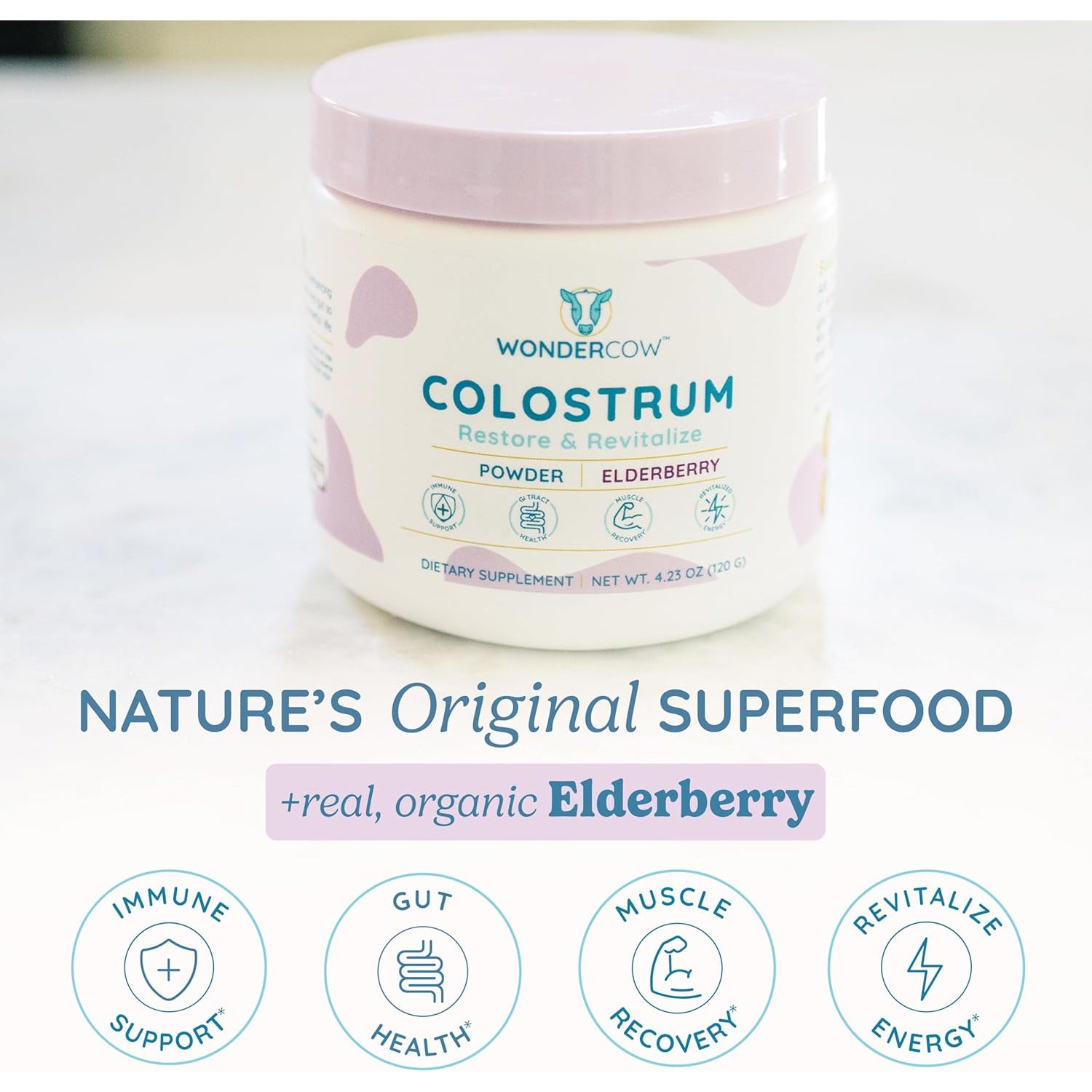 WONDERCOW Colostrum Supplement Powder for Gut Health, Immune Support & Wellness | Natural Igg Pure Whole Bovine Colostrum Superfood, Elderberry, 60 Servings
