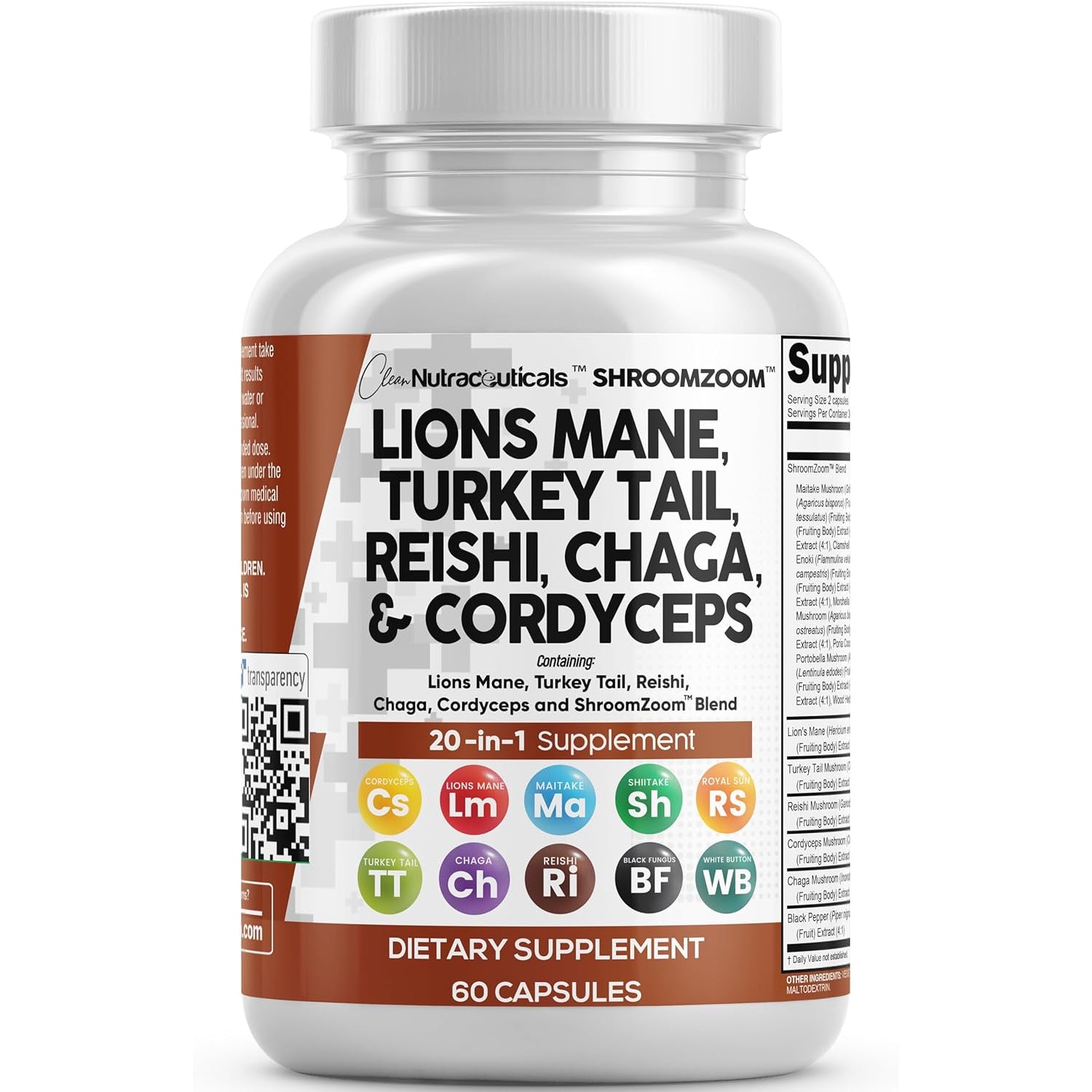 Clean Nutraceuticals Lions Mane 20In1 Mushroom Supplement with Turkey Tail Reishi Cordyceps Chaga Maitake Meshima Poria Cocos Shiitake Oyster Porcini Enoki - 1 Pack