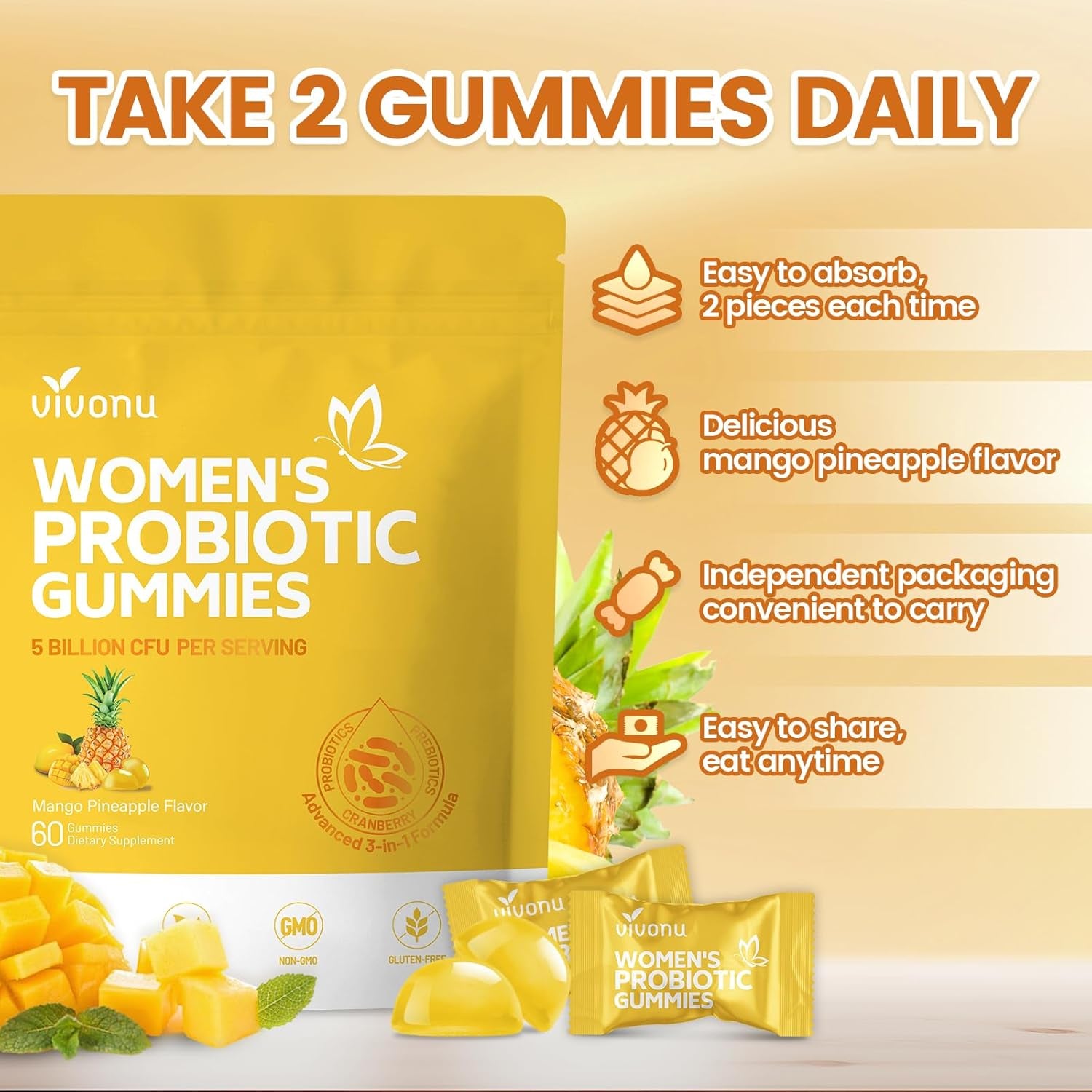VivoNu Women's Feminine Balance Probiotic Gummies – 60 Count | Mango Pineapple | Vaginal pH Balance & Flora Support | Prebiotic & Probiotic Blend