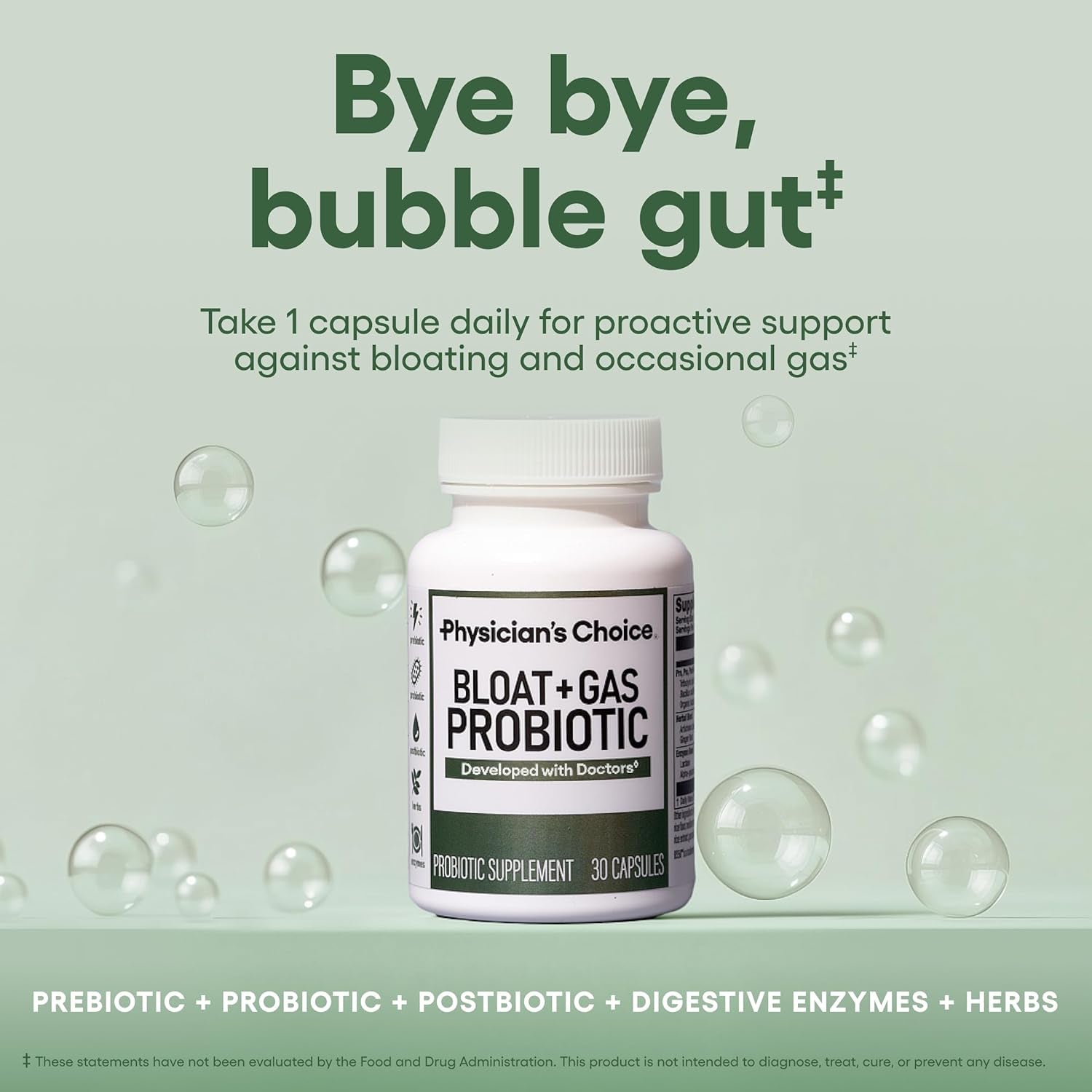 Physician's Choice Bloat & Gas Probiotic – 5-in-1 Digestive Enzymes, Pre & Postbiotics for Gut Health & Bloat Relief | 30 Capsules
