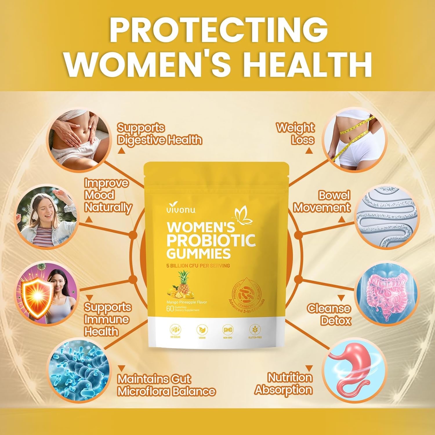 VivoNu Women's Feminine Balance Probiotic Gummies – 60 Count | Mango Pineapple | Vaginal pH Balance & Flora Support | Prebiotic & Probiotic Blend