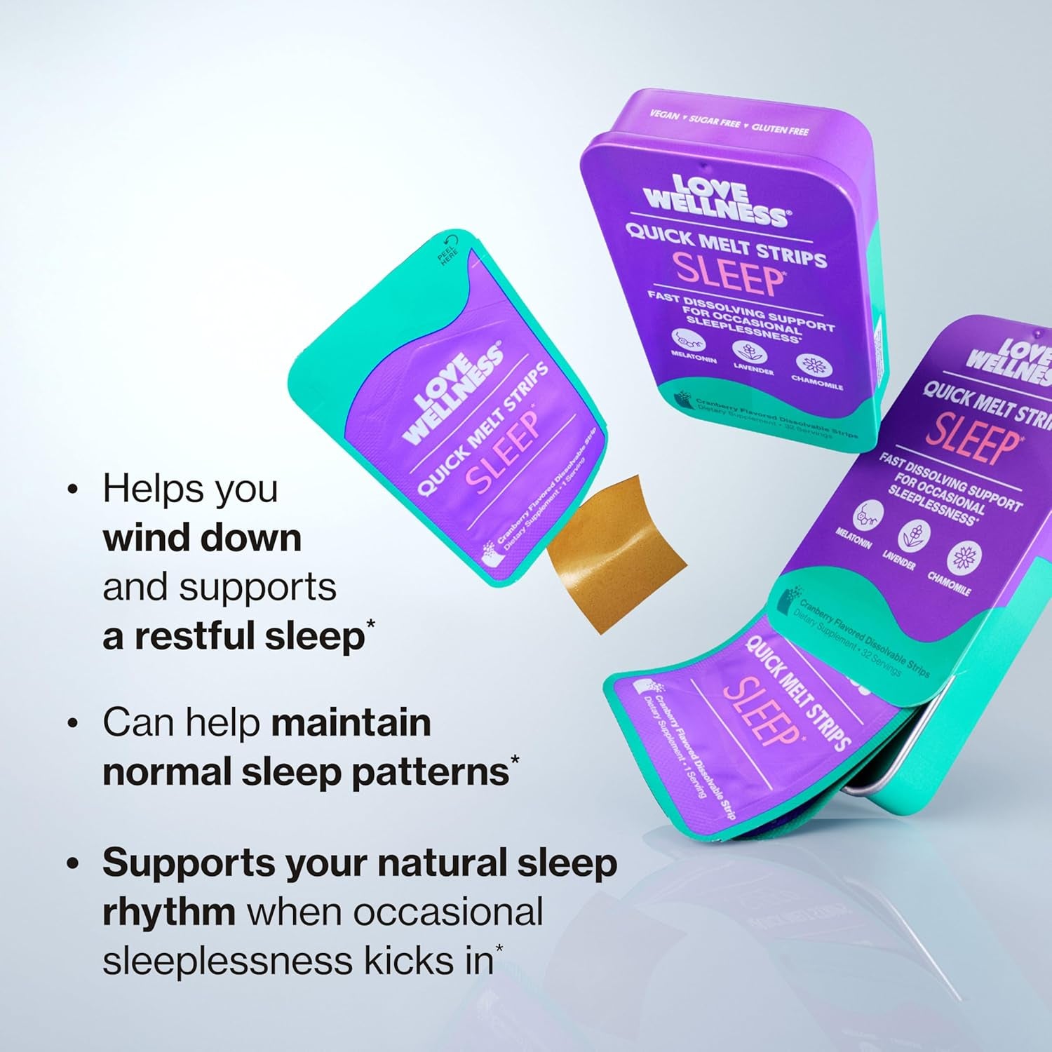 Love Wellness Sleep* Quick Melt Strips - Fast-Dissolving Sleep Support with Melatonin and Calming Botanicals - Promotes Restful Sleep* - No Water Needed - Vegan and Sugar-Free - 32 Strips