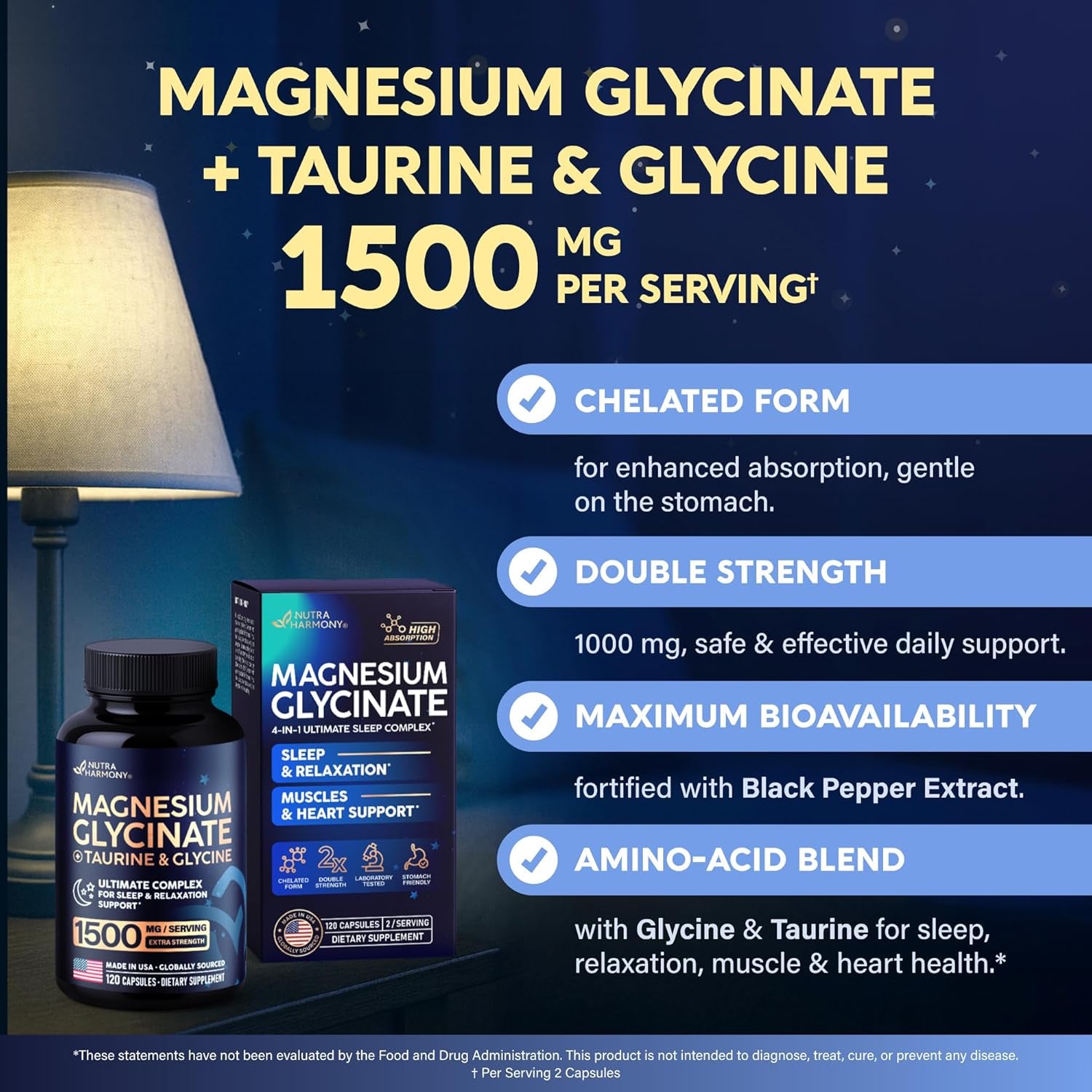 NUTRAHARMONY Magnesium Glycinate 500mg — 60 Capsules | High-Absorption Magnesium for Sleep, Relaxation & Muscle Recovery