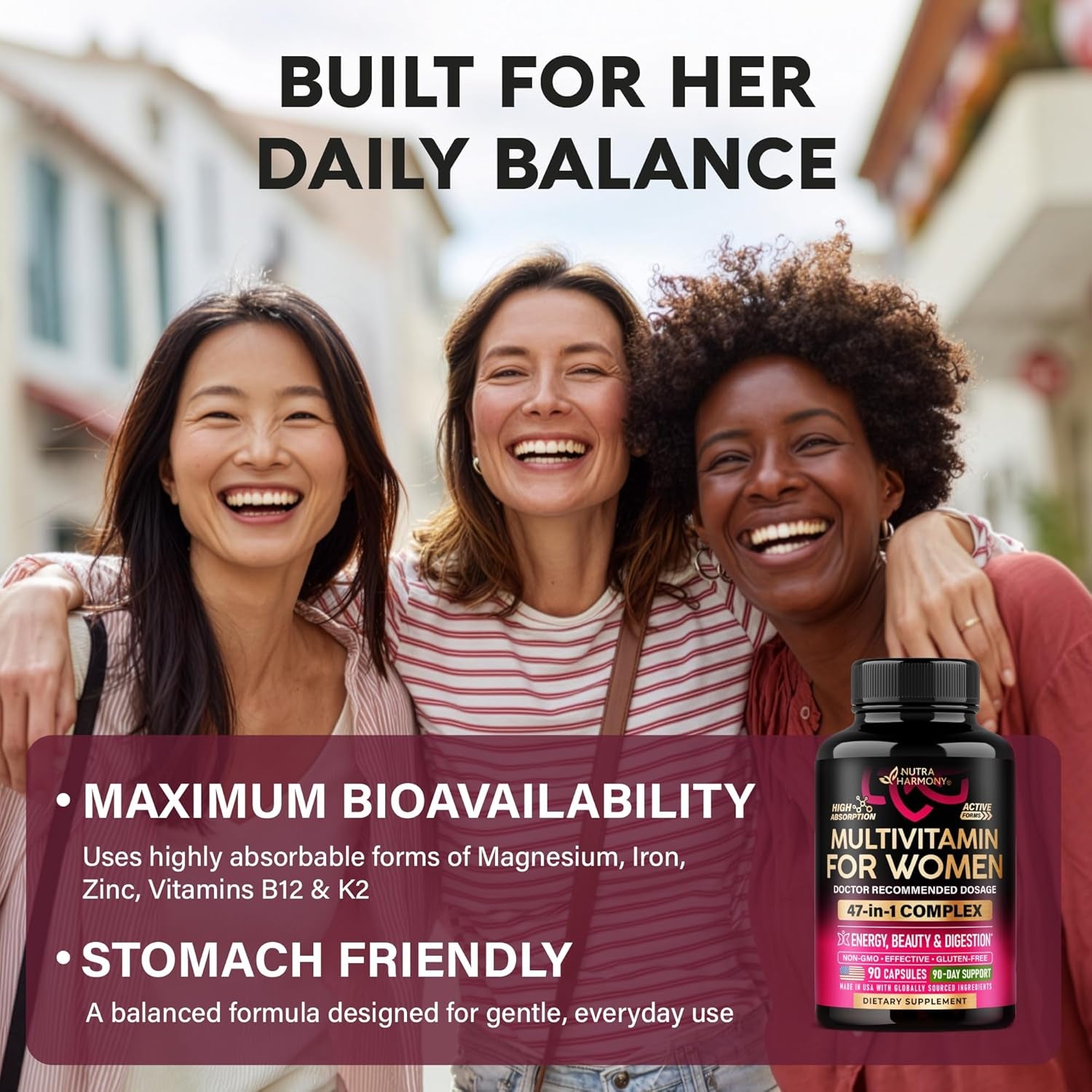 NUTRAHARMONY Women's Daily Multivitamin — 90 Capsules | B-Complex, Metabolism & Energy Support | Bioavailable Formula | Vegan