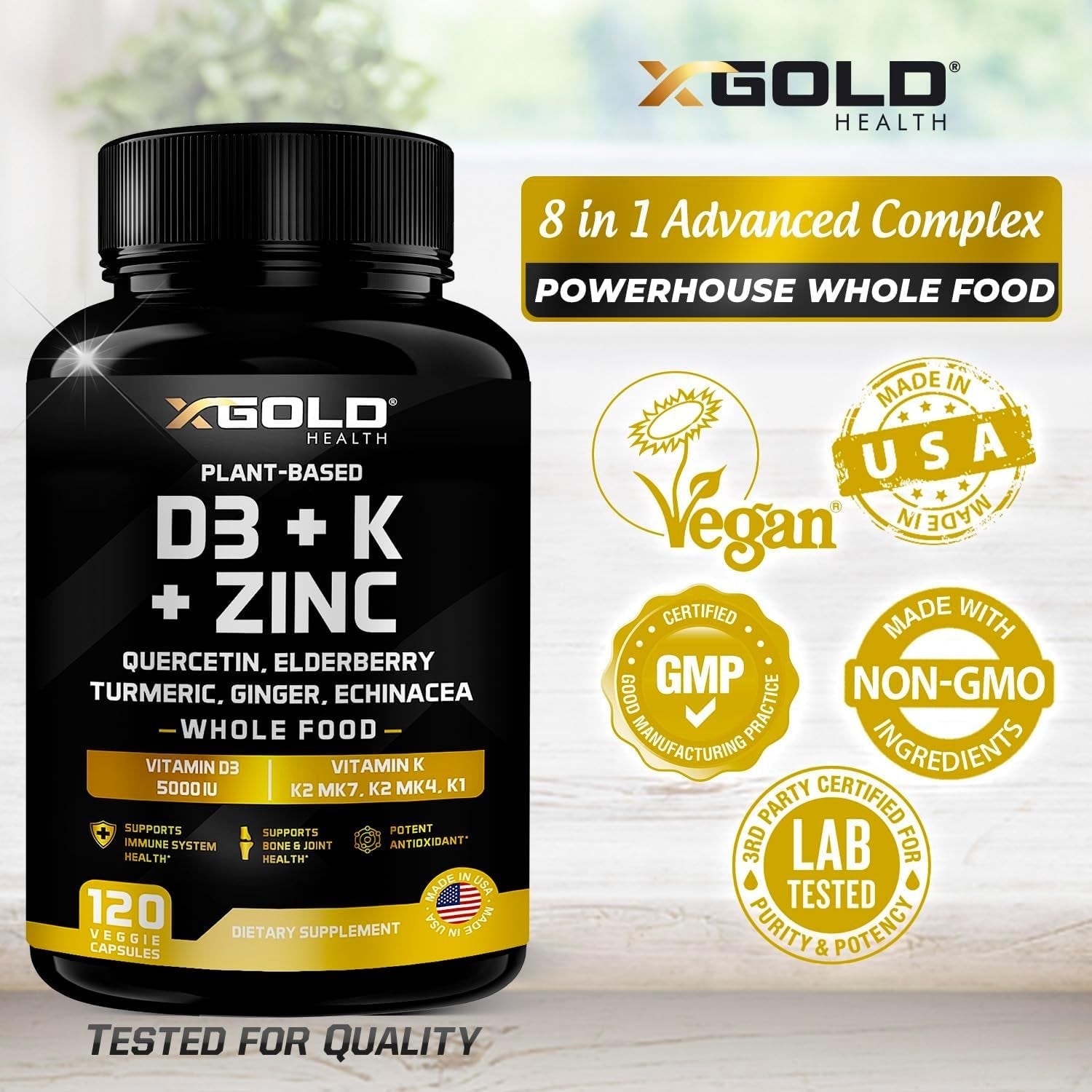 X Gold Health Plant-Based D3 + K + Zinc – 120 Capsules | 8-in-1 Immune, Bone & Heart Support