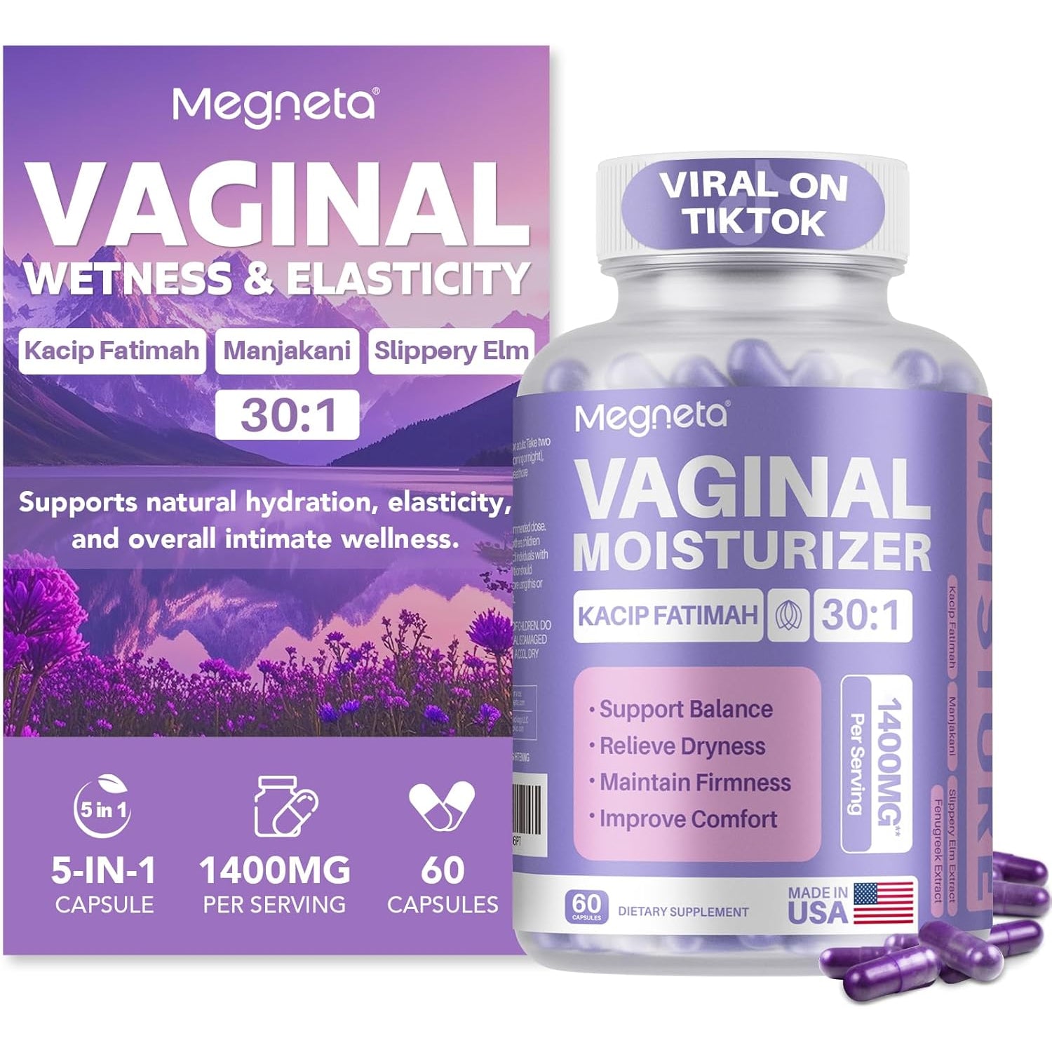 Vaginal Moisturizer, Kacip Fatimah 1,000Mg & Manjakni 200Mg for Female Intimate Health, Slippery Elm for Women, Vegan, 60 Capsules
