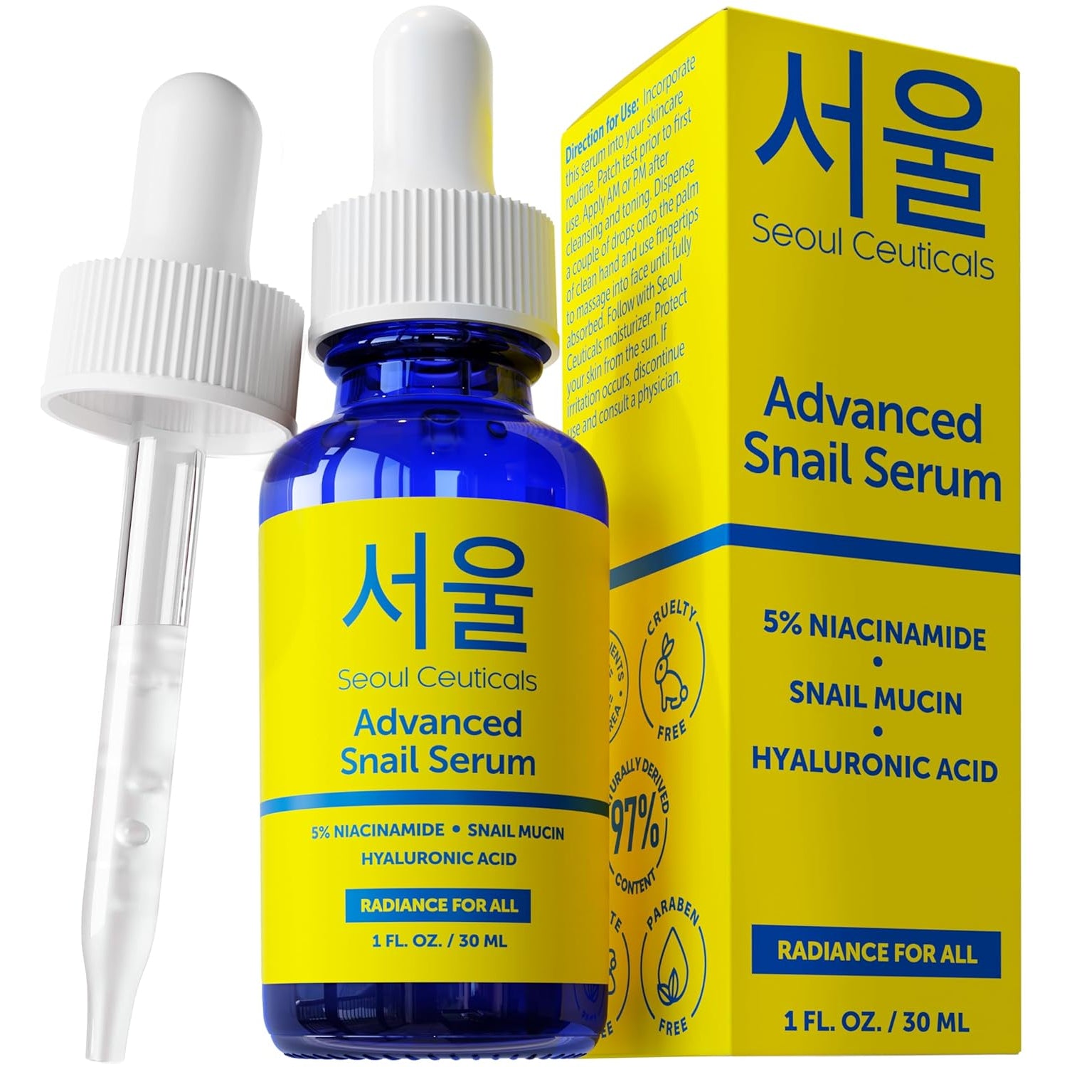 SeoulCeuticals 5% Niacinamide & Snail Mucin 97.5% Serum – Hyaluronic Acid for Brightening & Anti-Ageing | 30ml | K-Beauty