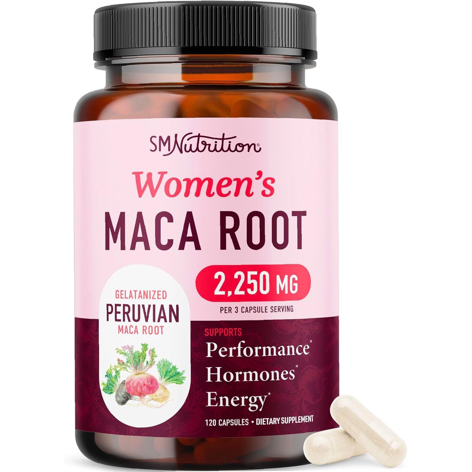 SMNutrition Organic Triple Maca Root 2250mg – Red, Black & Yellow Peruvian Maca with Black Pepper for Women's Energy & Hormone Balance | 120 Capsules