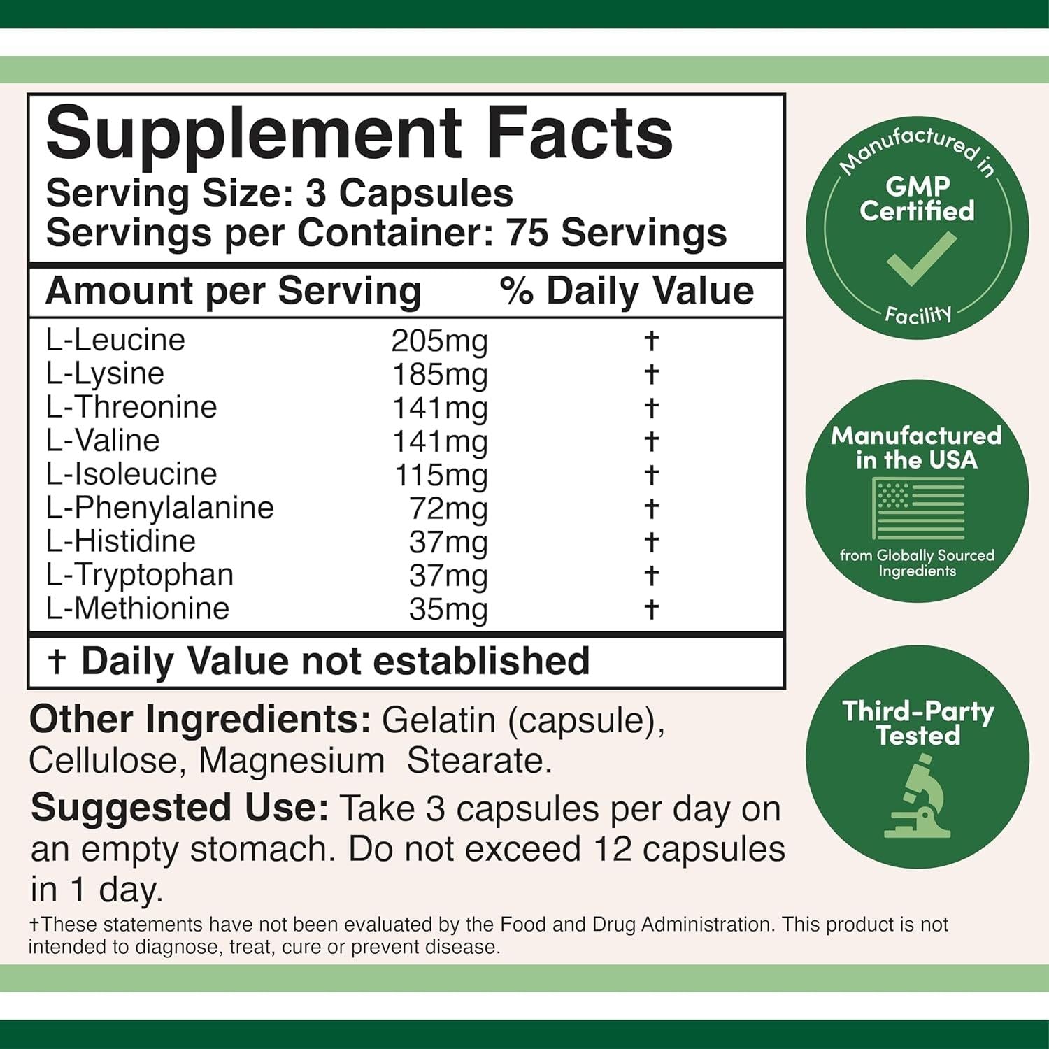 Double Wood Supplements Essential Amino Acids – 225 Capsules | Complete EAA & BCAA Formula for Muscle Growth & Recovery