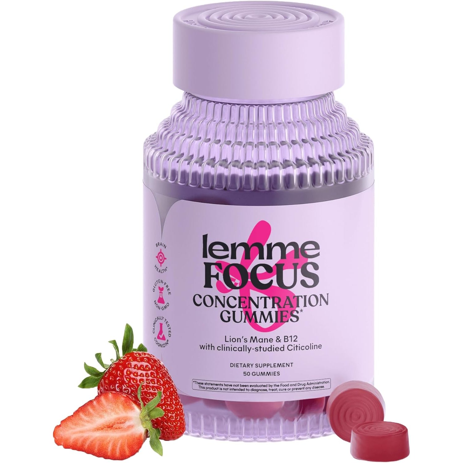 Focus Concentration & Brain Health Gummies with Cognizin Citicoline, Lion'S Mane Mushroom, Vitamin B12 to Support Focus + Concentration - Gluten Free, Caffeine Free, Strawberry (50 Count)