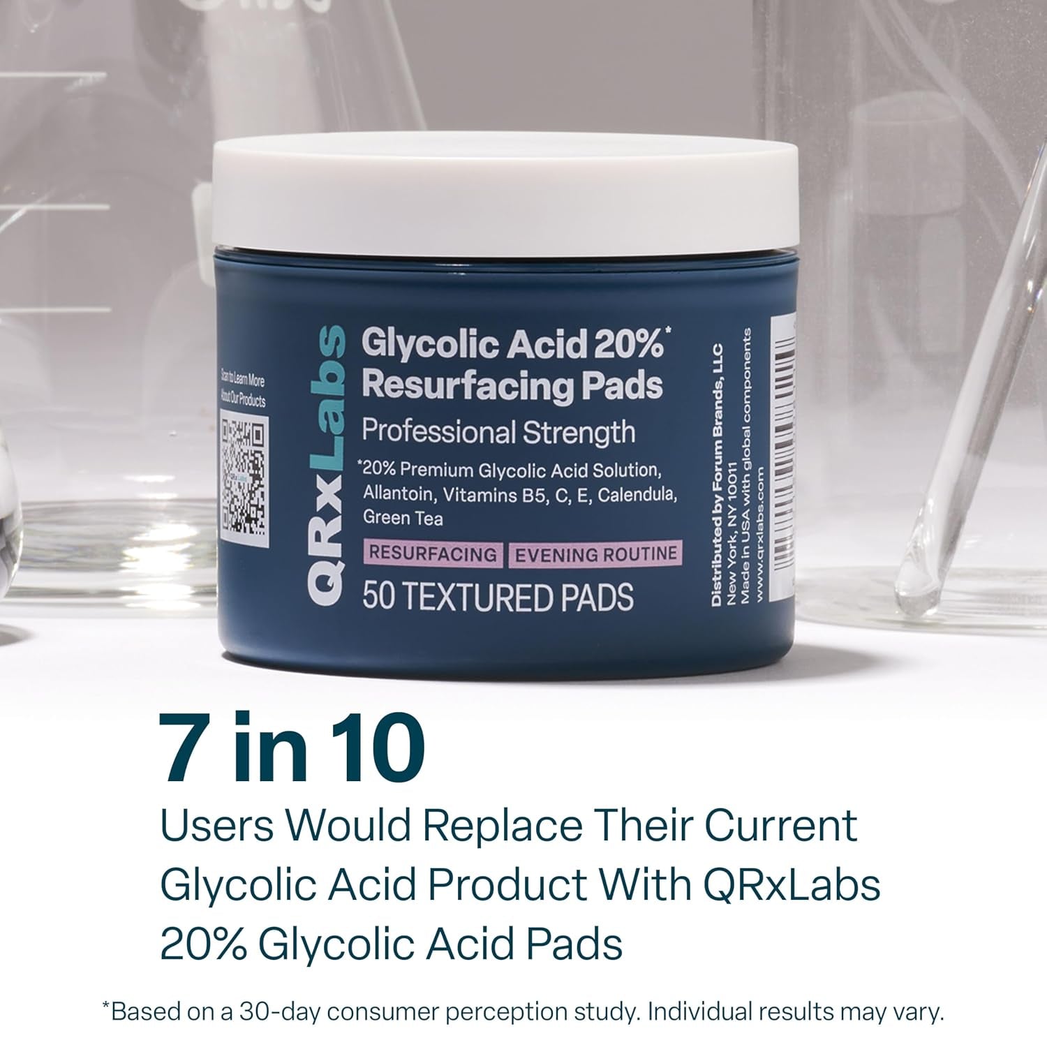 Qrxlabs Glycolic Acid Pads - 20% Resurfacing Pads AHA for Face & Body - Exfoliates Skin Surface and Reduces Appearance of Fine Lines and Wrinkles - Acne Treatment Clearing - Daily Pads - 50Ct